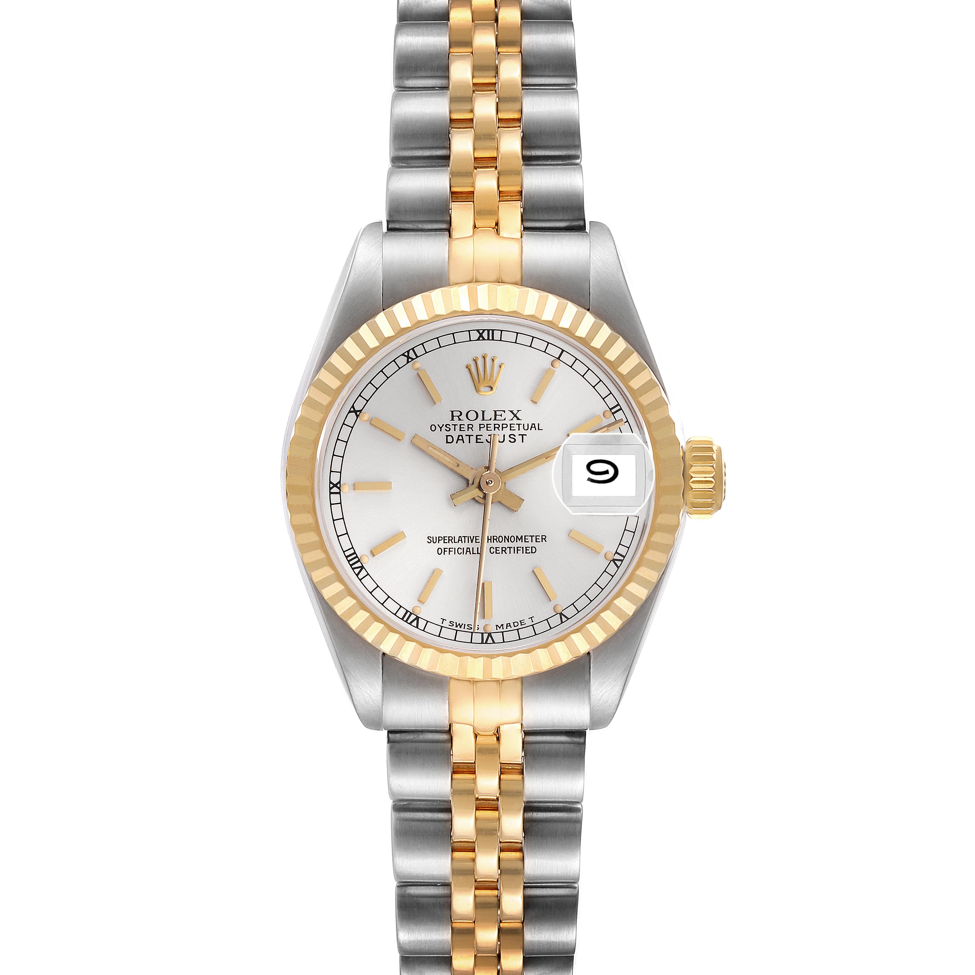 The Rolex Datejust 69173 Women
s Steel and Gold (two tone) Silver Dial 69173 Women
s Steel and Gold (two tone) Silver Dial watch is shown from a top view, displaying its face, bezel, and part of the bracelet.