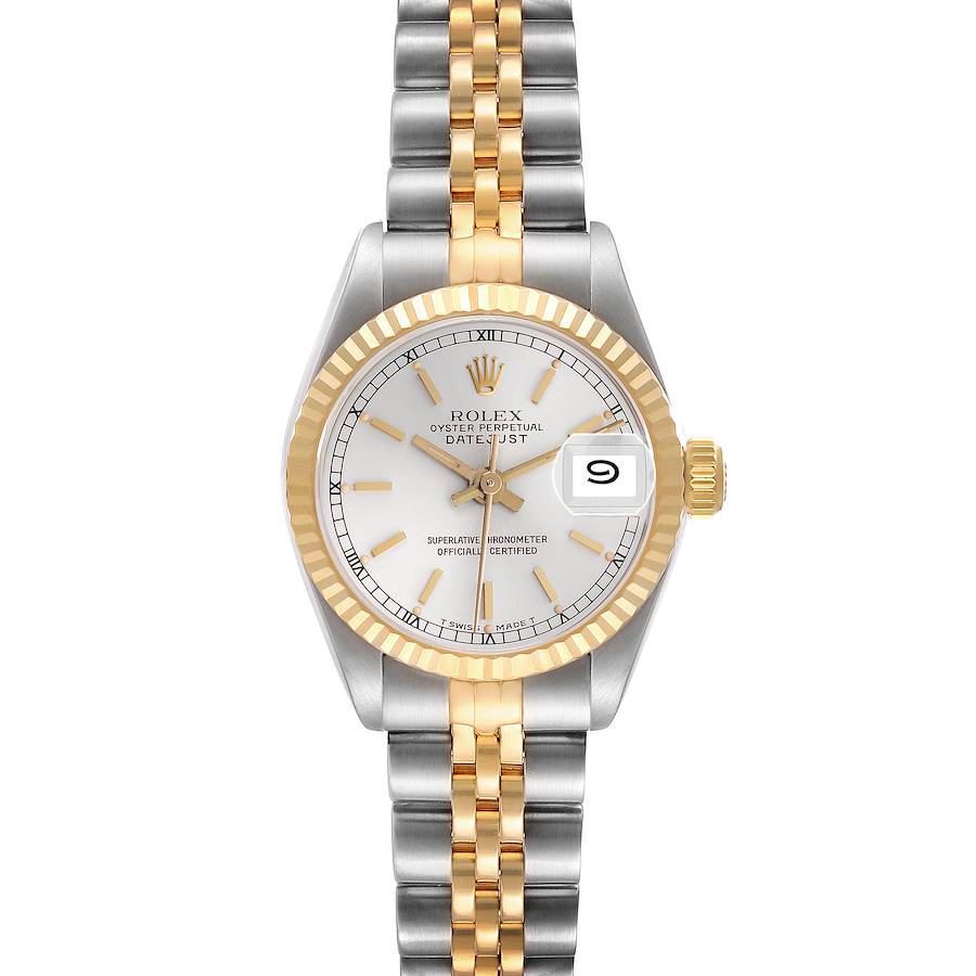 The Rolex Datejust watch is shown from a top view, displaying its face, bezel, and part of the bracelet.