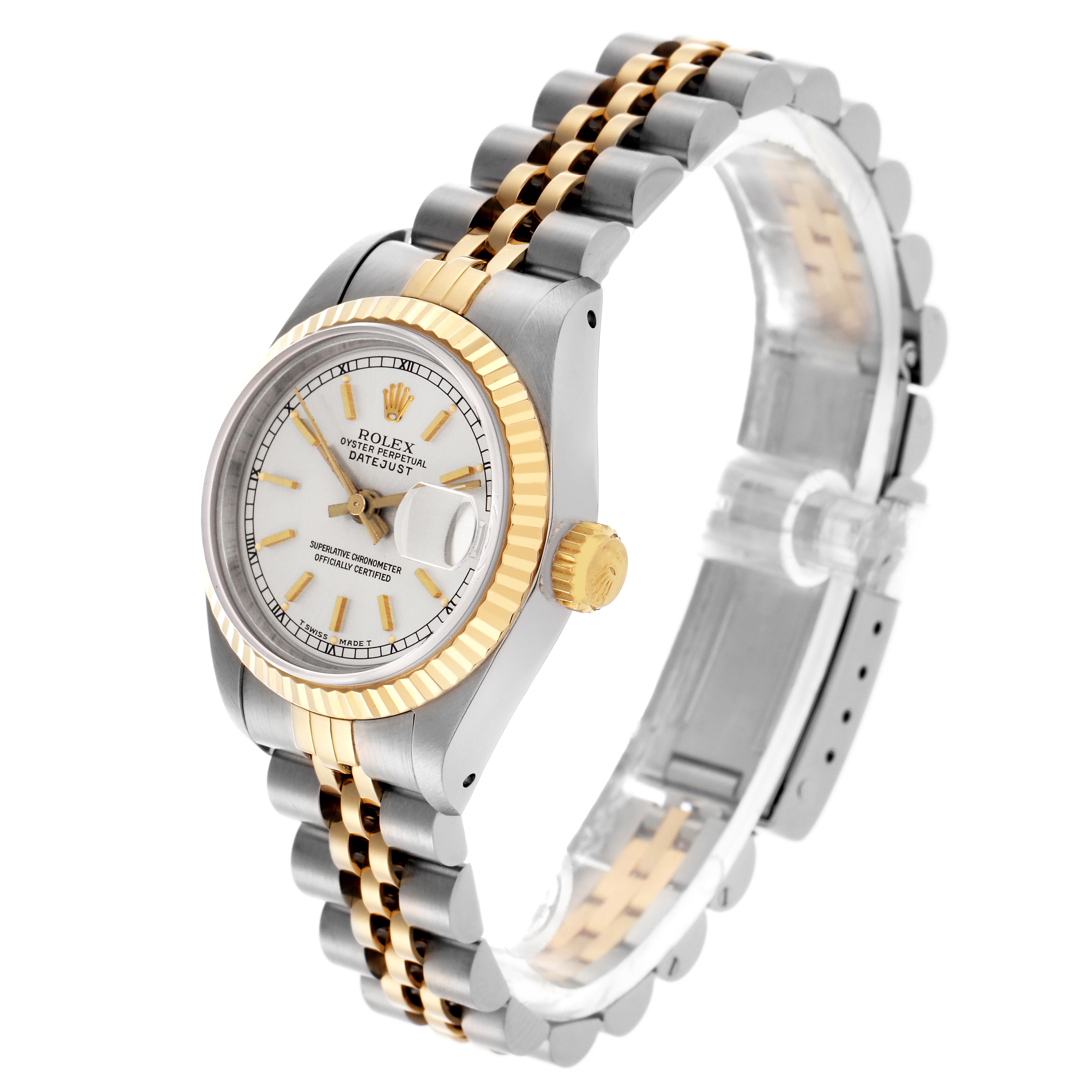 The Rolex Datejust 69173 Women
s Steel and Gold (two tone) Silver Dial 69173 Women
s Steel and Gold (two tone) Silver Dial watch is shown at an angle highlighting the dial, bezel, crown, and two-tone bracelet.