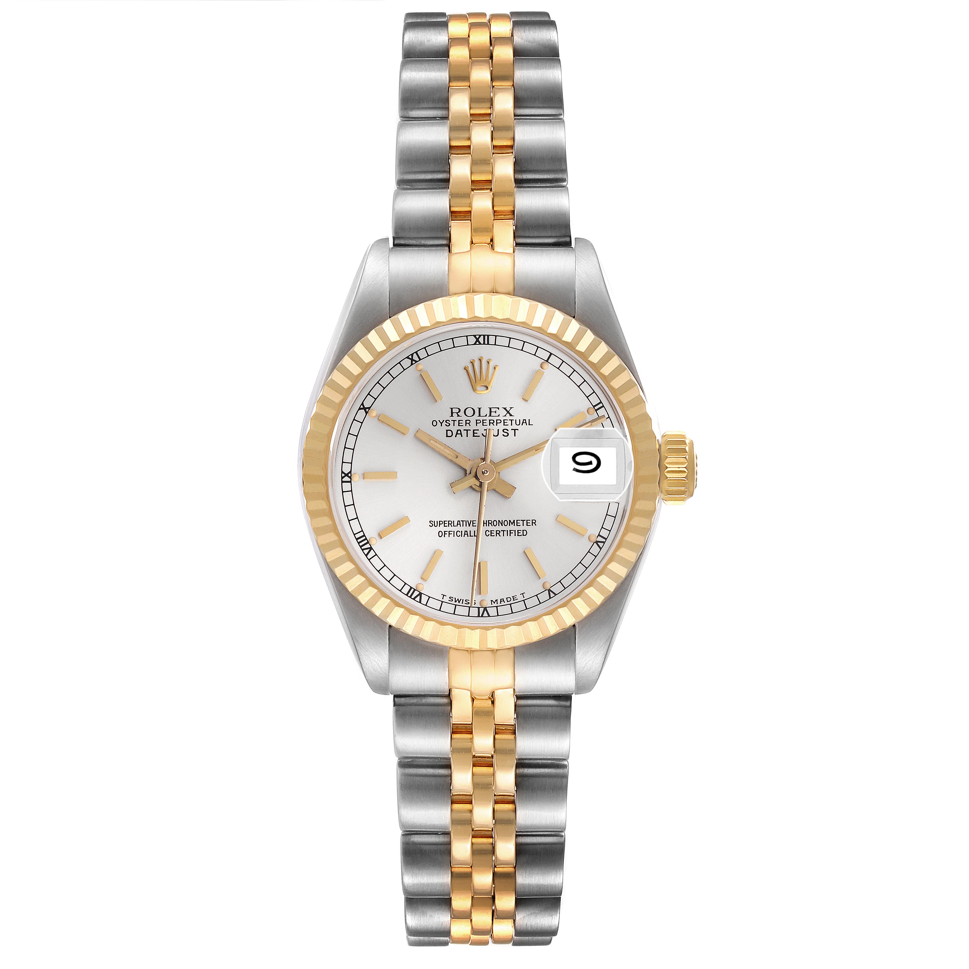 The Rolex Datejust 69173 Women
s Steel and Gold (two tone) Silver Dial 69173 Women
s Steel and Gold (two tone) Silver Dial watch is shown with a frontal view, featuring a two-tone bracelet, gold bezel, and date window.