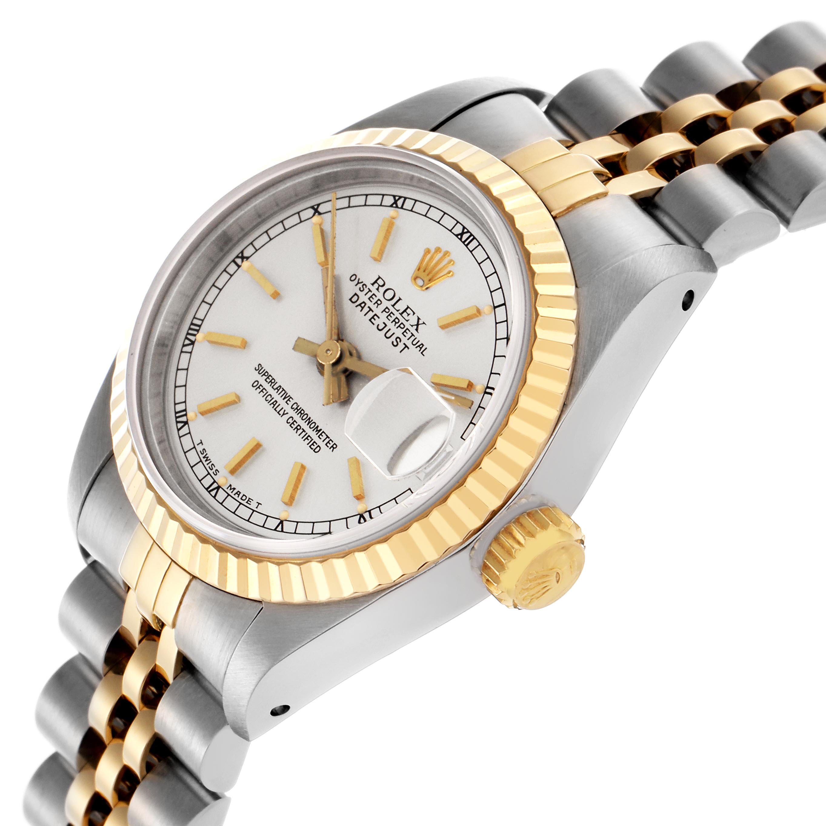 The image shows a Rolex Datejust 69173 Women
s Steel and Gold (two tone) Silver Dial 69173 Women
s Steel and Gold (two tone) Silver Dial at an angle highlighting the face, bezel, crown, and part of the bracelet.