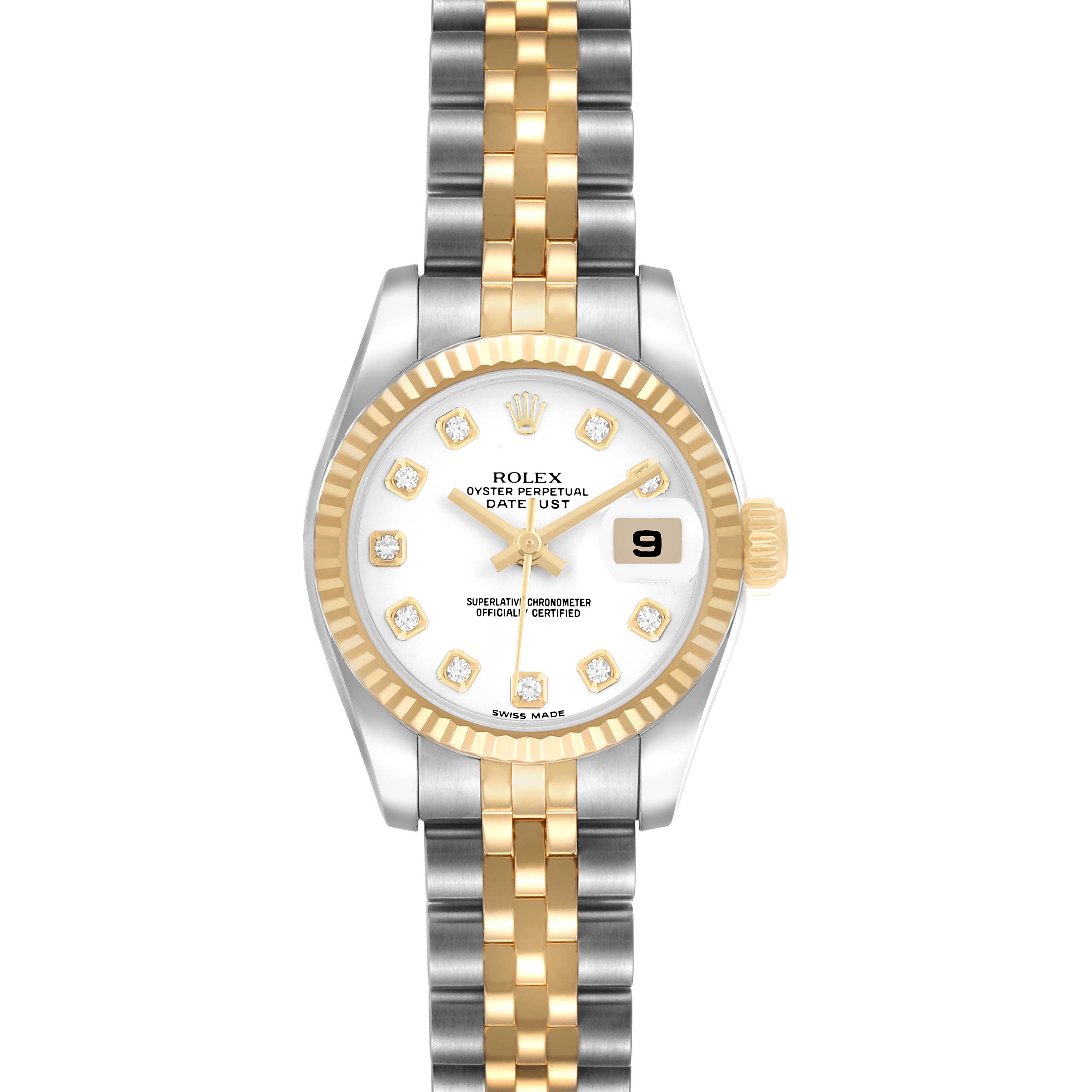 The Rolex Datejust 179173 Women's Steel and Gold (two tone) White Dial watch is shown from a front view, highlighting its dual-tone bracelet, fluted bezel, and dial with date display.