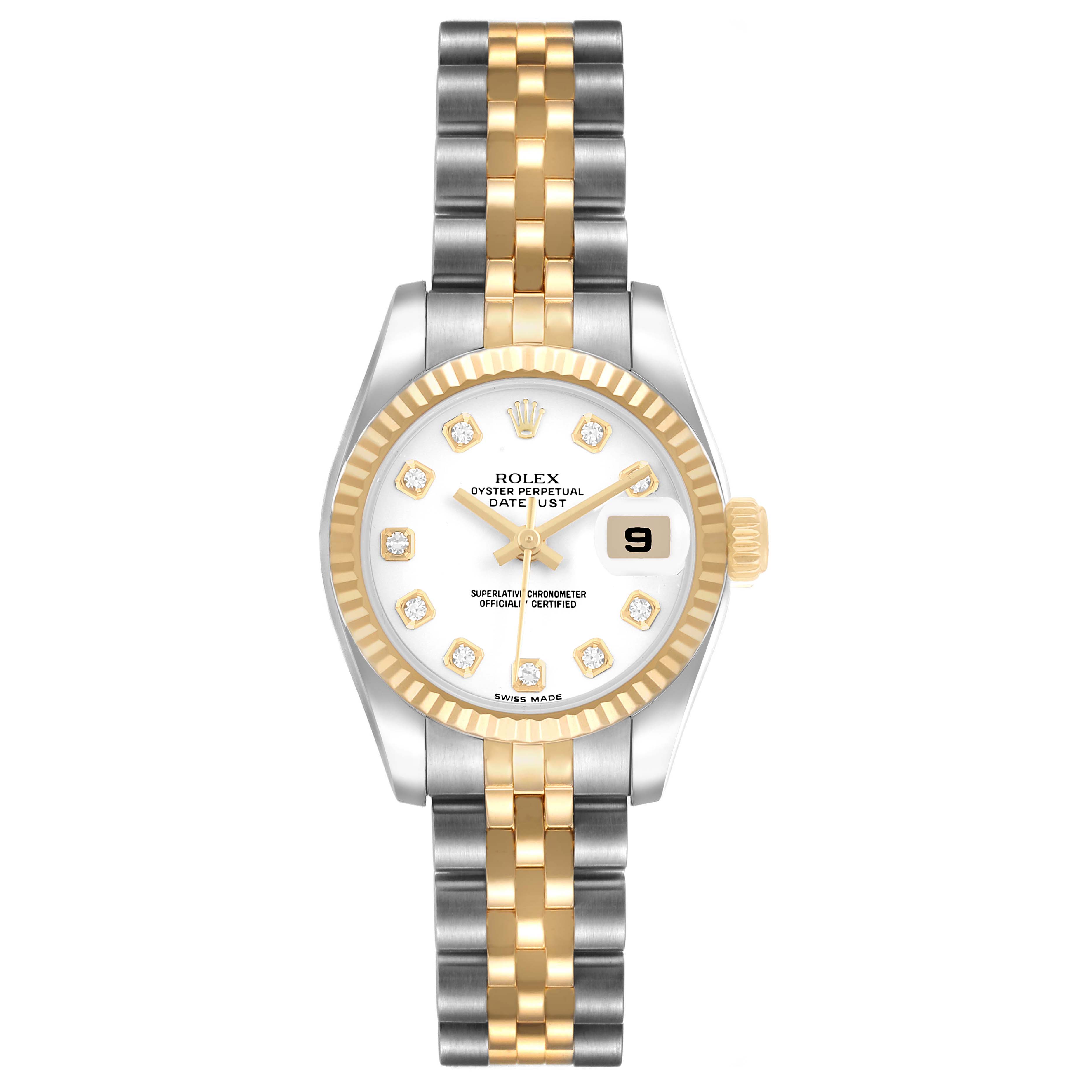 The Rolex Datejust 179173 Women's Steel and Gold (two tone) White Dial watch is shown from a top view, highlighting its gold and silver bracelet, fluted bezel, and diamond markers.
