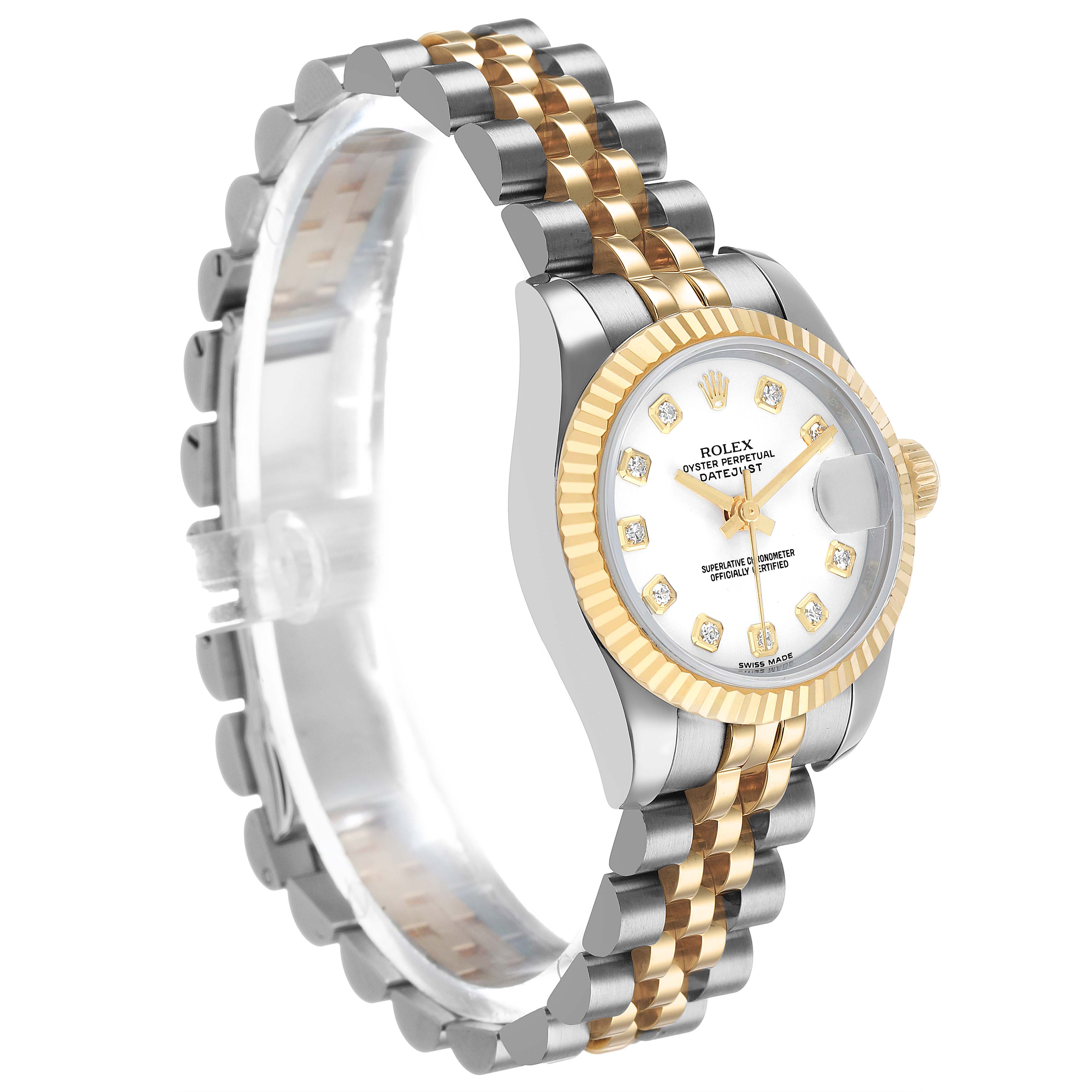 The Rolex Datejust 179173 Women's Steel and Gold (two tone) White Dial watch is shown at a 3/4 angle, displaying the dial, bezel, case, and two-tone bracelet.