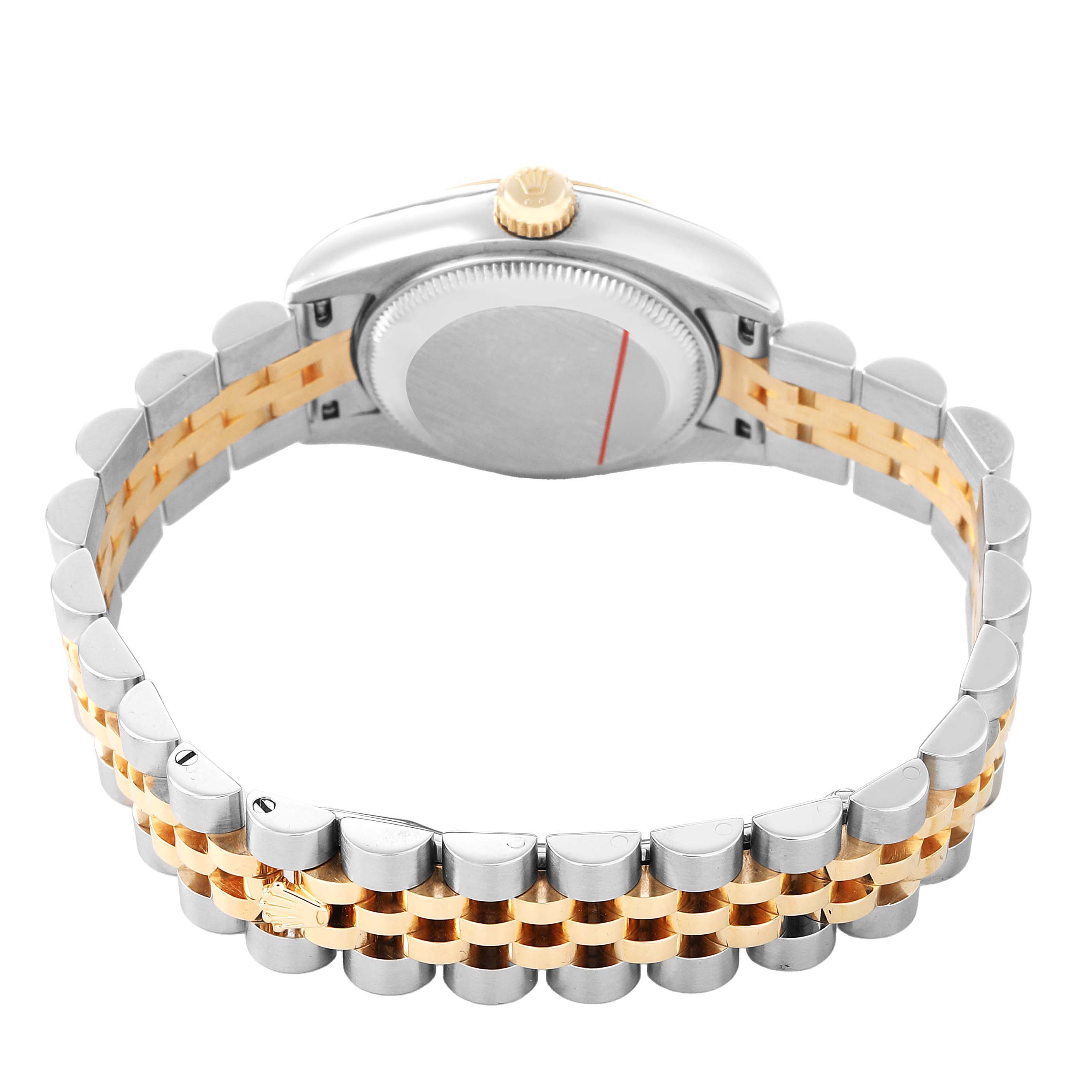 The Rolex Datejust 179173 Women's Steel and Gold (two tone) White Dial is shown from the rear with a focus on the case back and Jubilee bracelet.