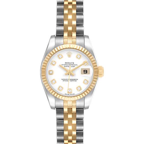 The Rolex Datejust 179173 Women's Steel and Gold (two tone) White Dial watch is shown from a top-down angle, displaying the face, bezel, crown, and bracelet.