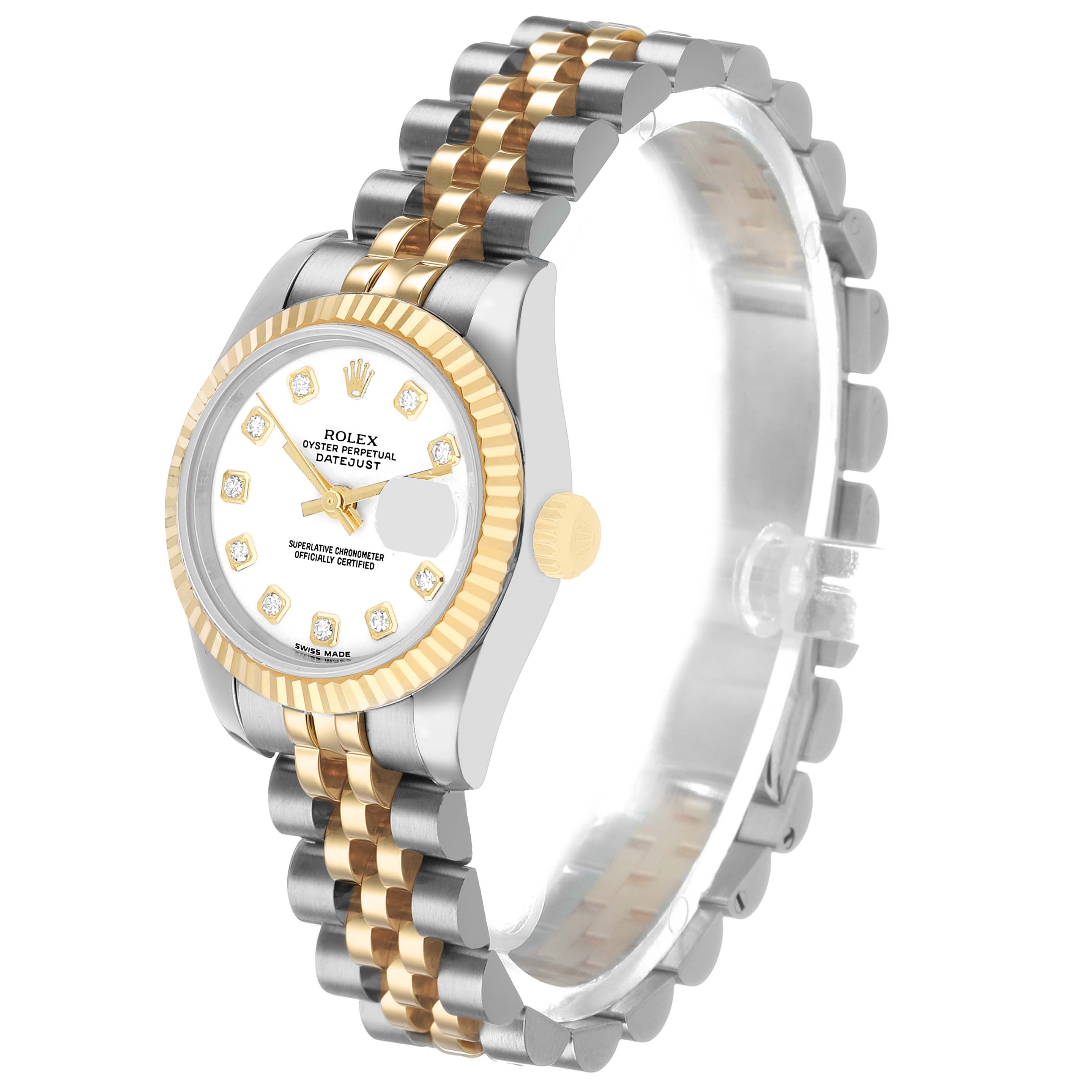 The Rolex Datejust 179173 Women's Steel and Gold (two tone) White Dial watch is shown at a three-quarter angle, highlighting the dial, bezel, and Jubilee bracelet.