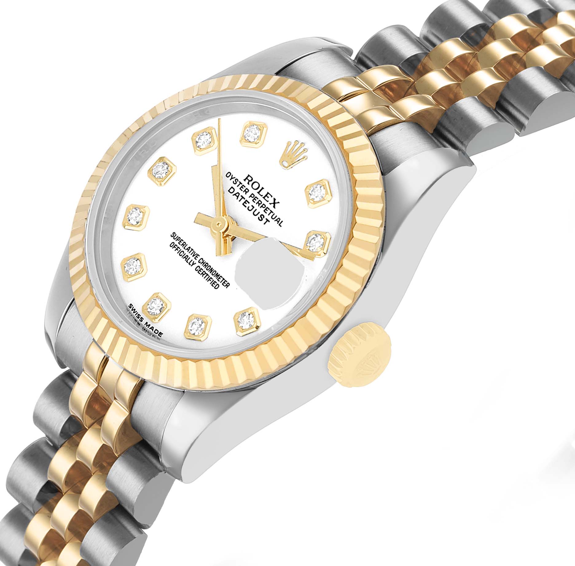 The Rolex Datejust 179173 Women's Steel and Gold (two tone) White Dial watch is shown at a three-quarter angle, highlighting the dial, bezel, crown, and part of the bracelet.
