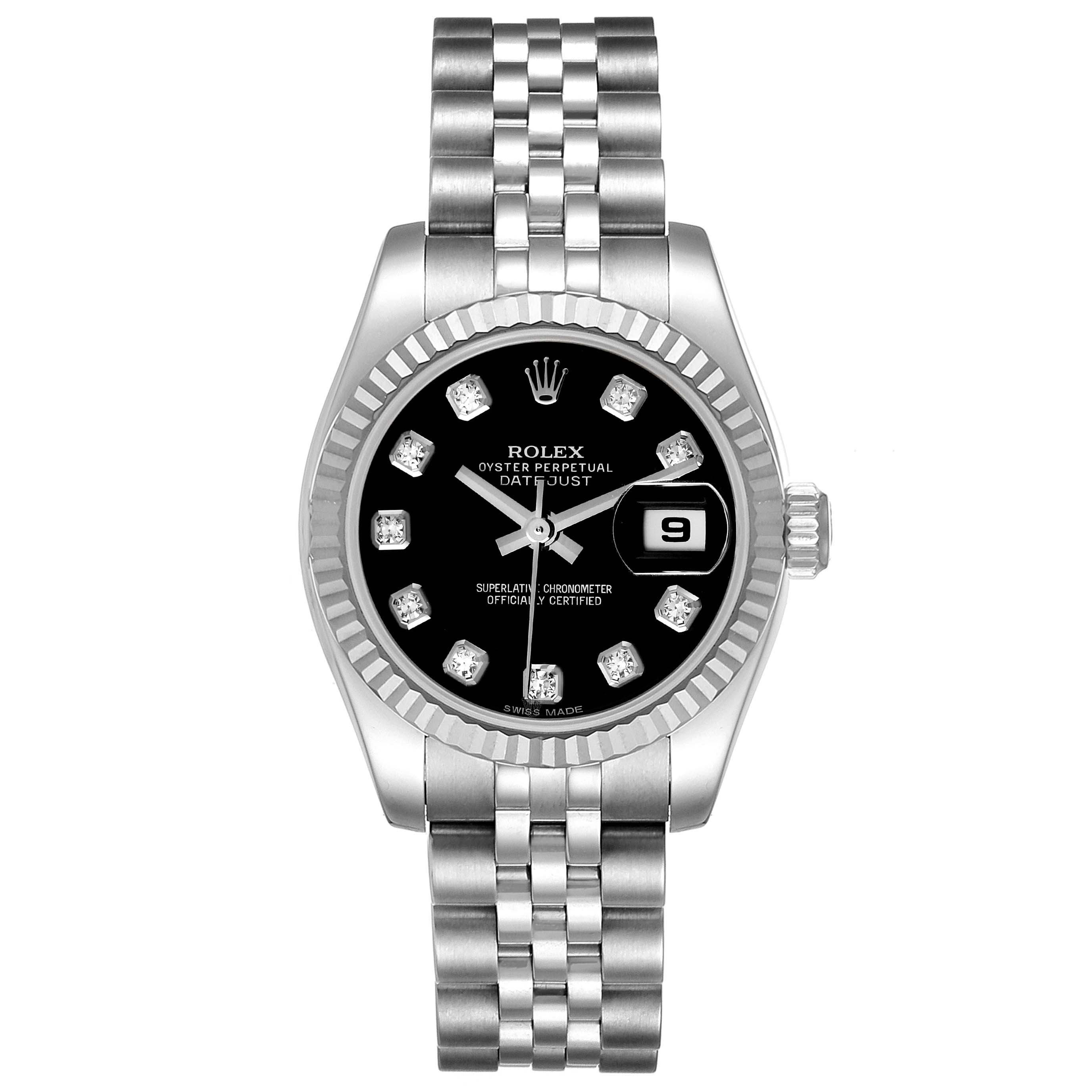 The Rolex Datejust 179174 Women's Stainless Steel Black Dial 179174 Women's Stainless Steel Black Dial watch is shown from a top-down angle displaying the face, bezel, crown, and bracelet.