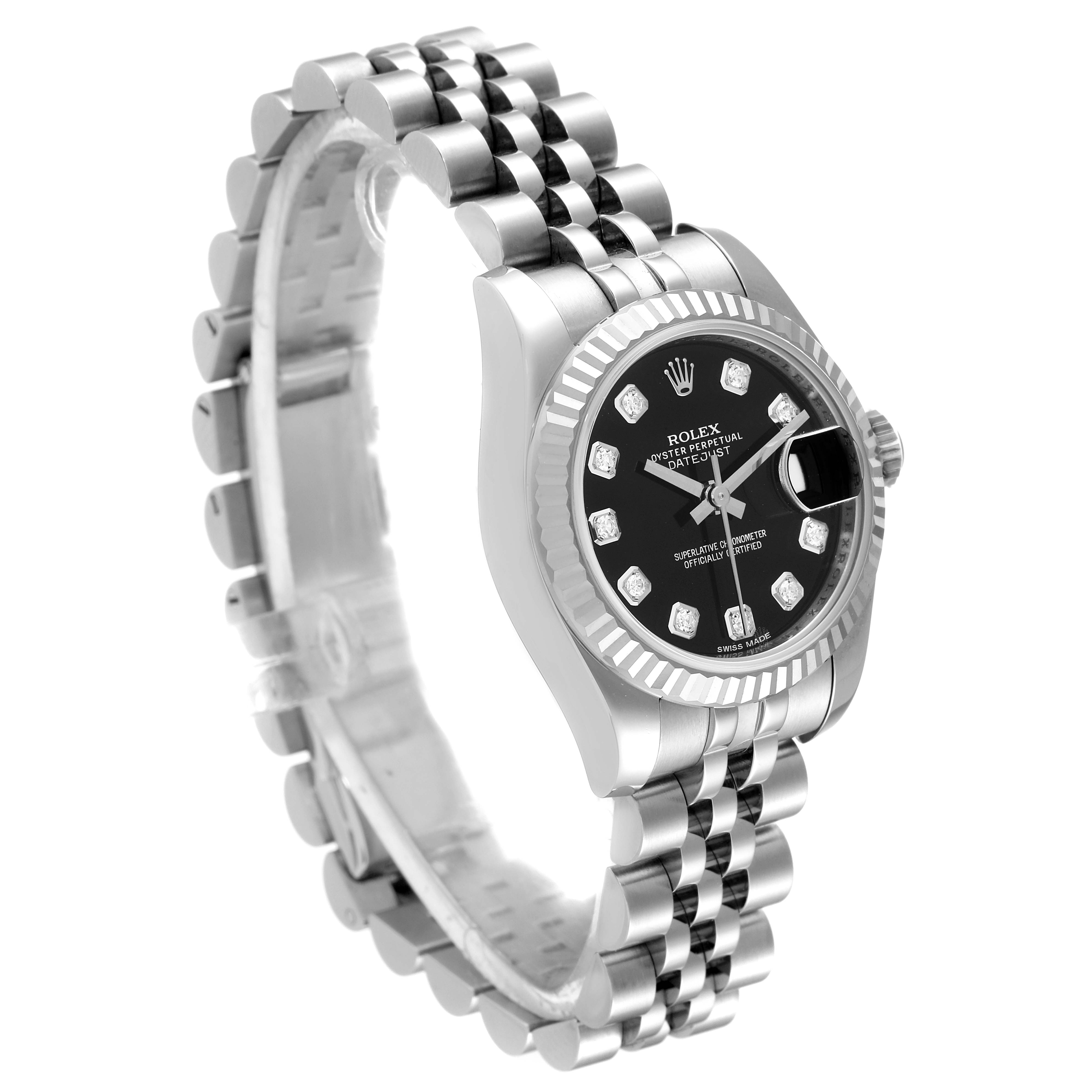 This Rolex Datejust 179174 Women's Stainless Steel Black Dial 179174 Women's Stainless Steel Black Dial watch is shown at a slight angle, displaying the dial, bezel, and jubilee bracelet.