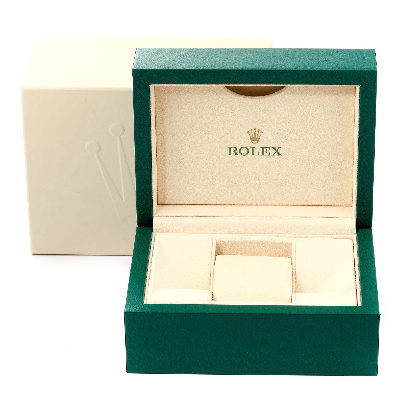 The image shows an open green and beige Rolex watch box and outer case for the Datejust model.