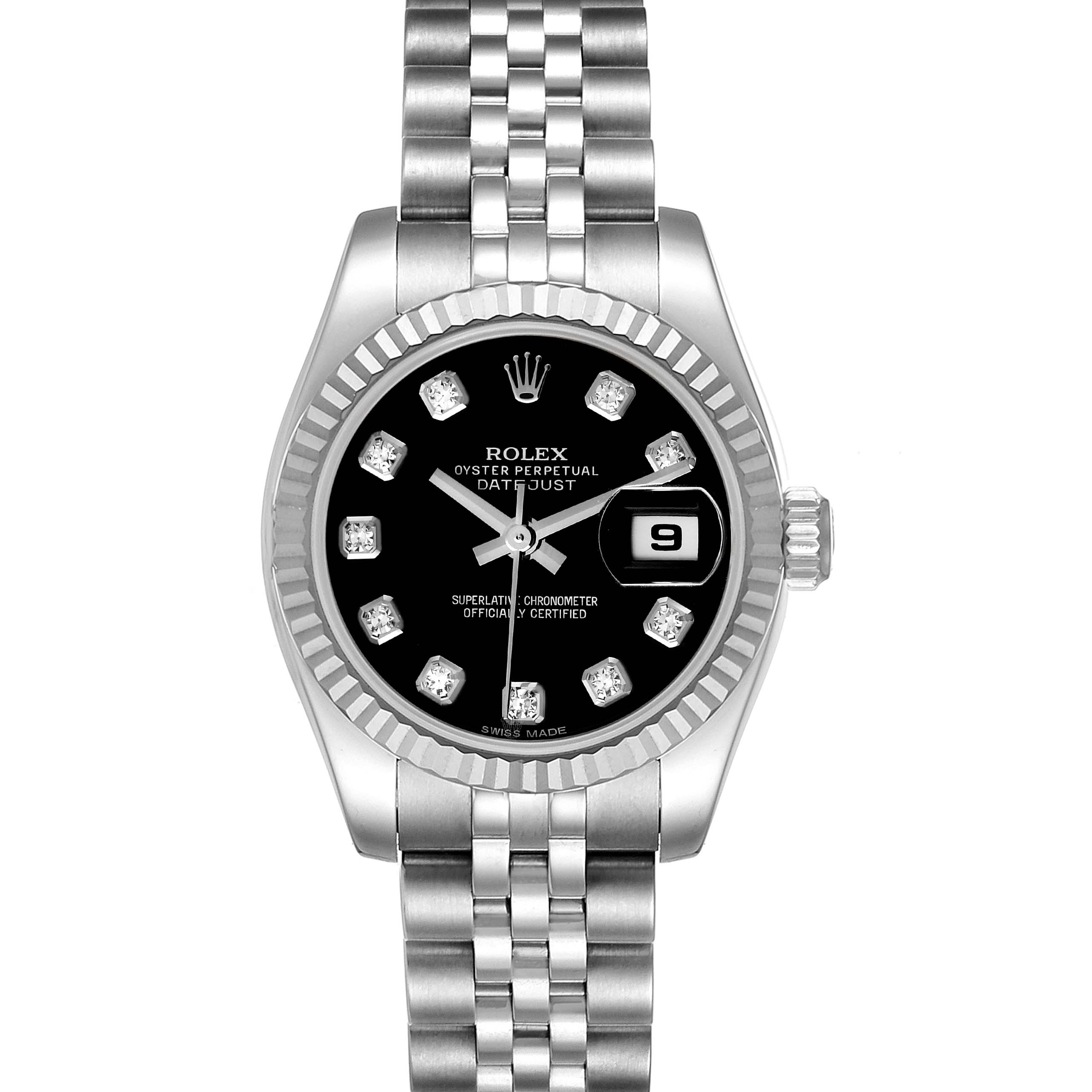 This image shows a front view of a Rolex Datejust 179174 Women's Stainless Steel Black Dial 179174 Women's Stainless Steel Black Dial watch featuring a black dial, date display, and stainless steel bracelet.