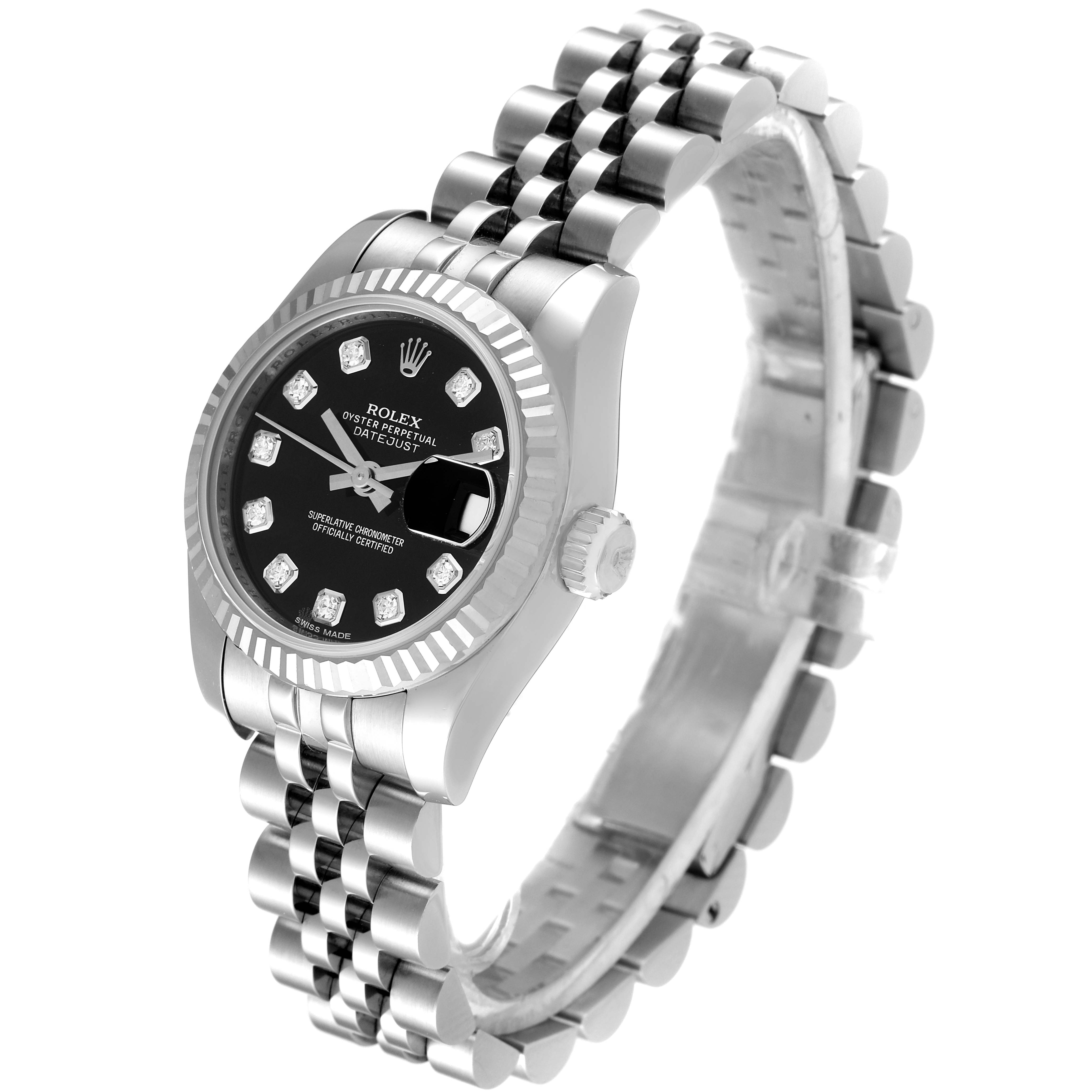 This image displays the Rolex Datejust 179174 Women's Stainless Steel Black Dial 179174 Women's Stainless Steel Black Dial watch from an oblique top-left angle, showcasing its bracelet, case, and dial.