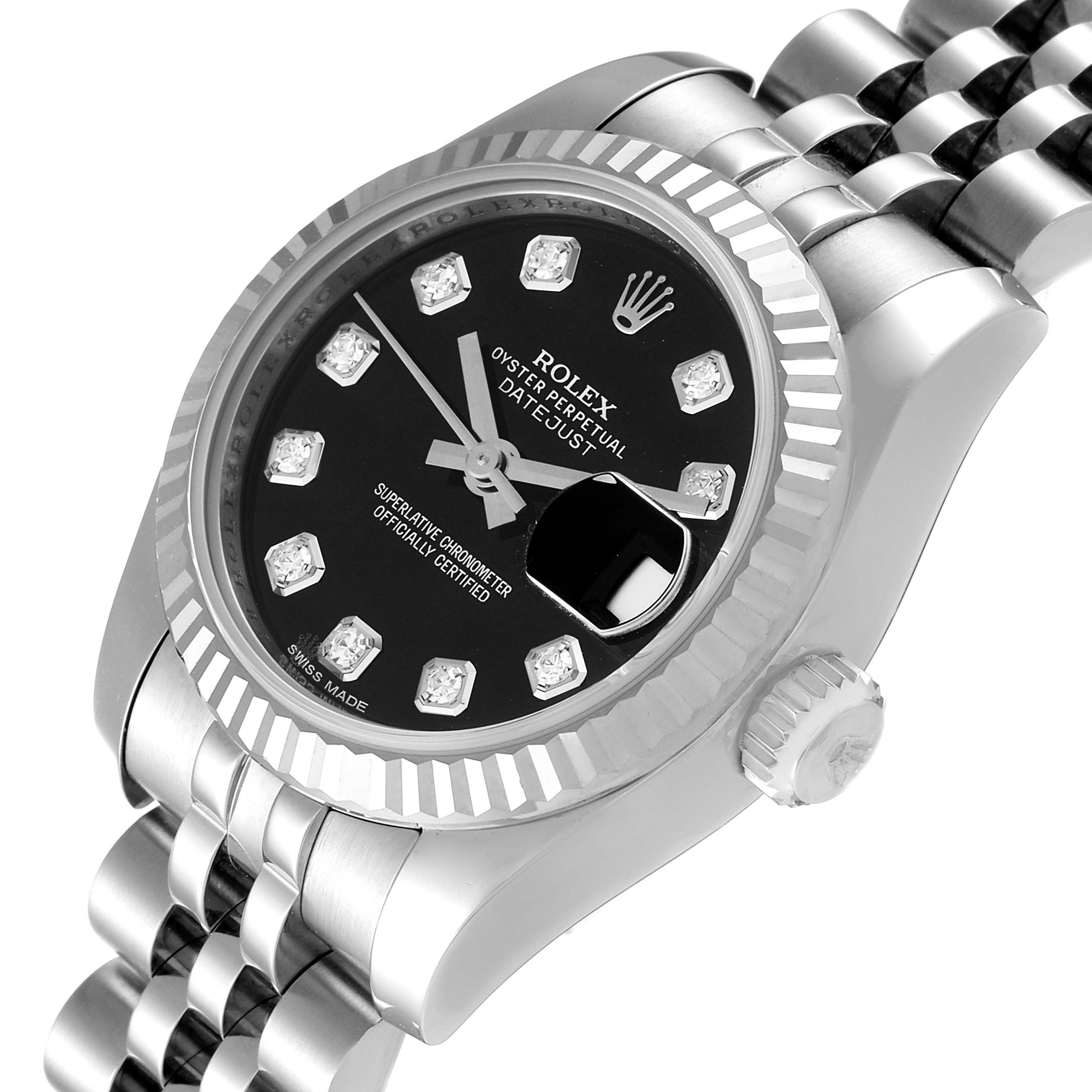 The Rolex Datejust 179174 Women's Stainless Steel Black Dial 179174 Women's Stainless Steel Black Dial watch is shown at a slight angle, highlighting its black diamond-set dial and stainless steel bracelet.