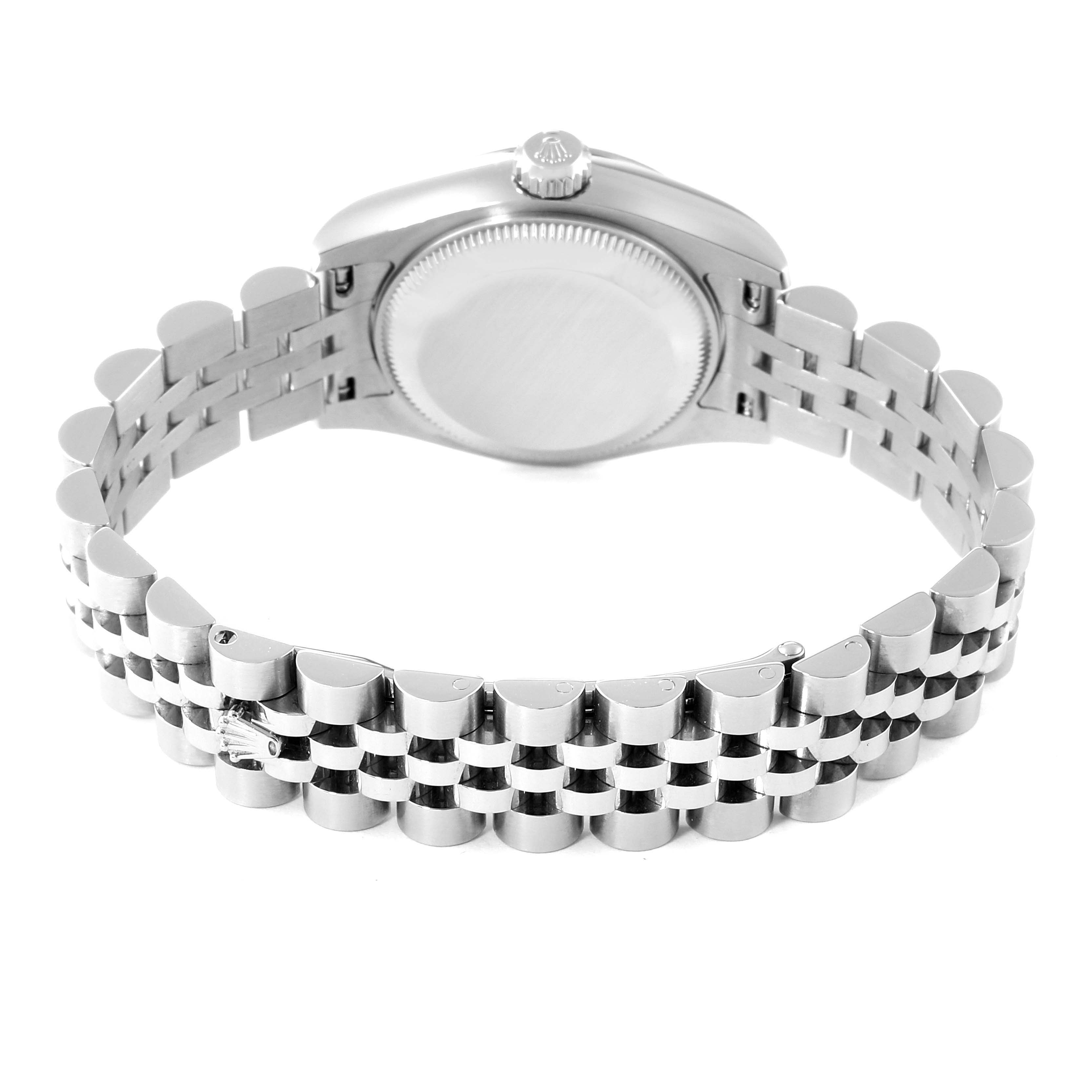 This image shows the backside of a Rolex Datejust 179174 Women's Stainless Steel Black Dial 179174 Women's Stainless Steel Black Dial watch, highlighting its case back and Jubilee bracelet.