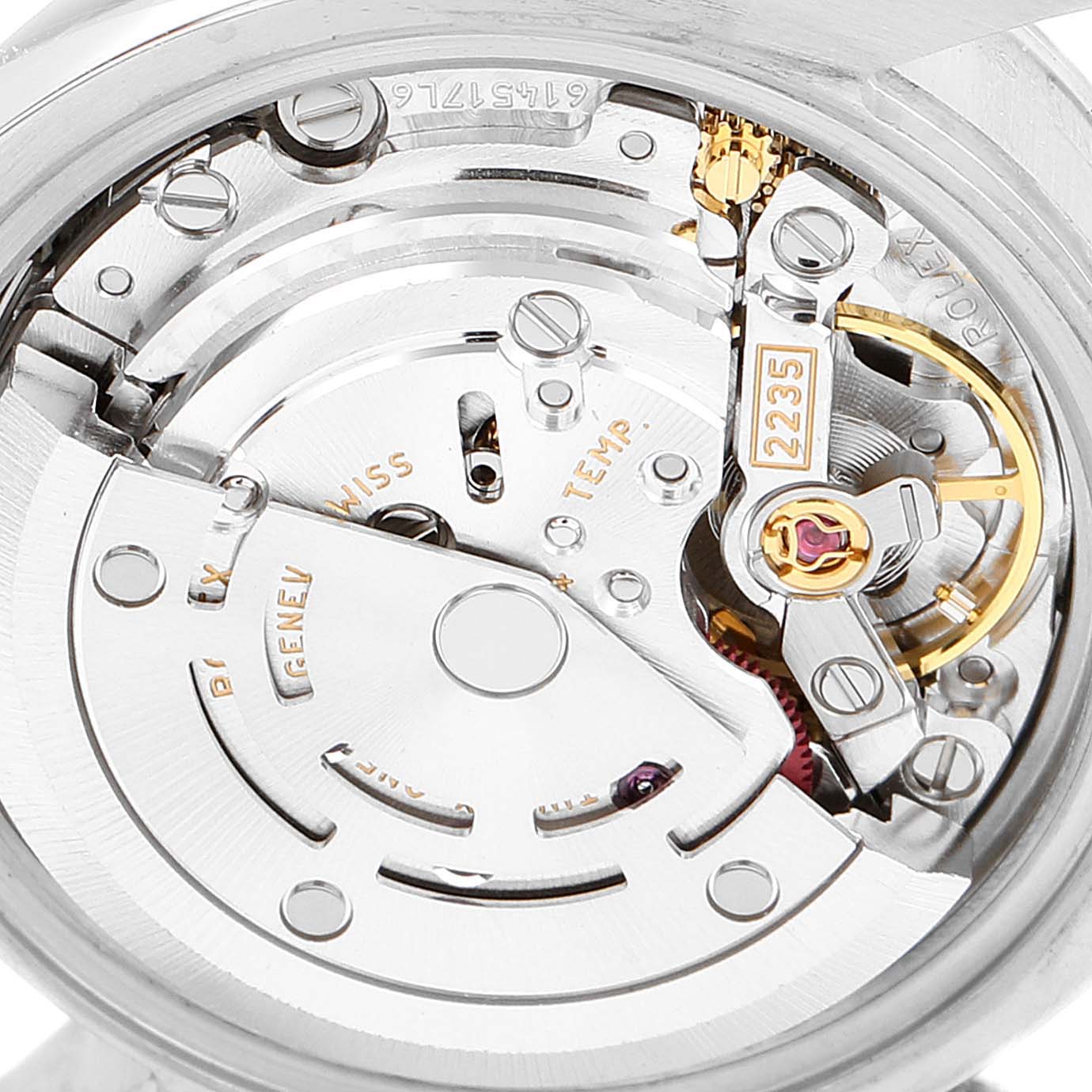 This image shows the inner movement mechanism of a Rolex Datejust 179174 Women's Stainless Steel Silver Dial 179174 Women's Stainless Steel Silver Dial watch, highlighting gears and intricate parts.