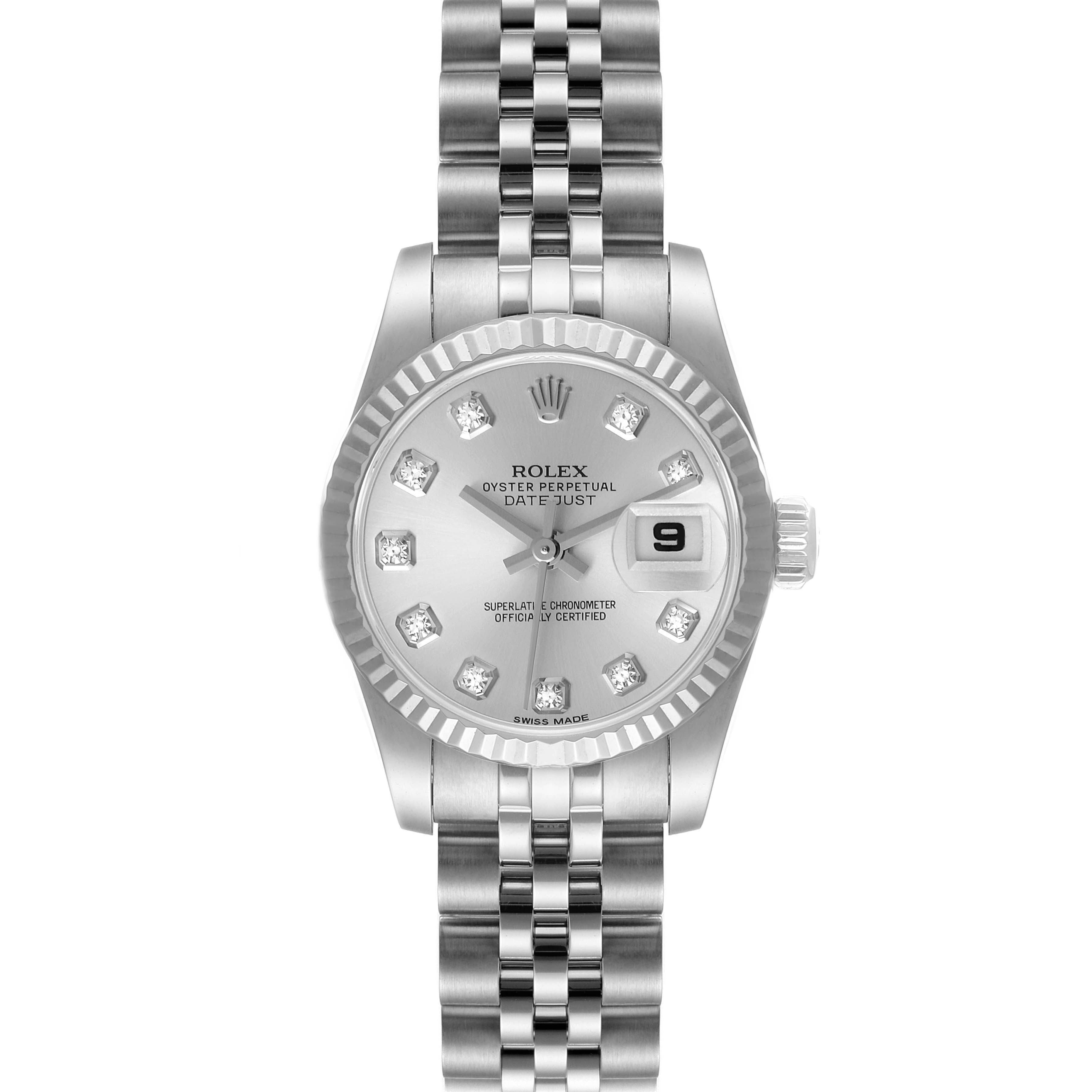 The image shows a front view of the Rolex Datejust 179174 Women's Stainless Steel Silver Dial 179174 Women's Stainless Steel Silver Dial watch, highlighting its dial, bezel, bracelet, and date feature.