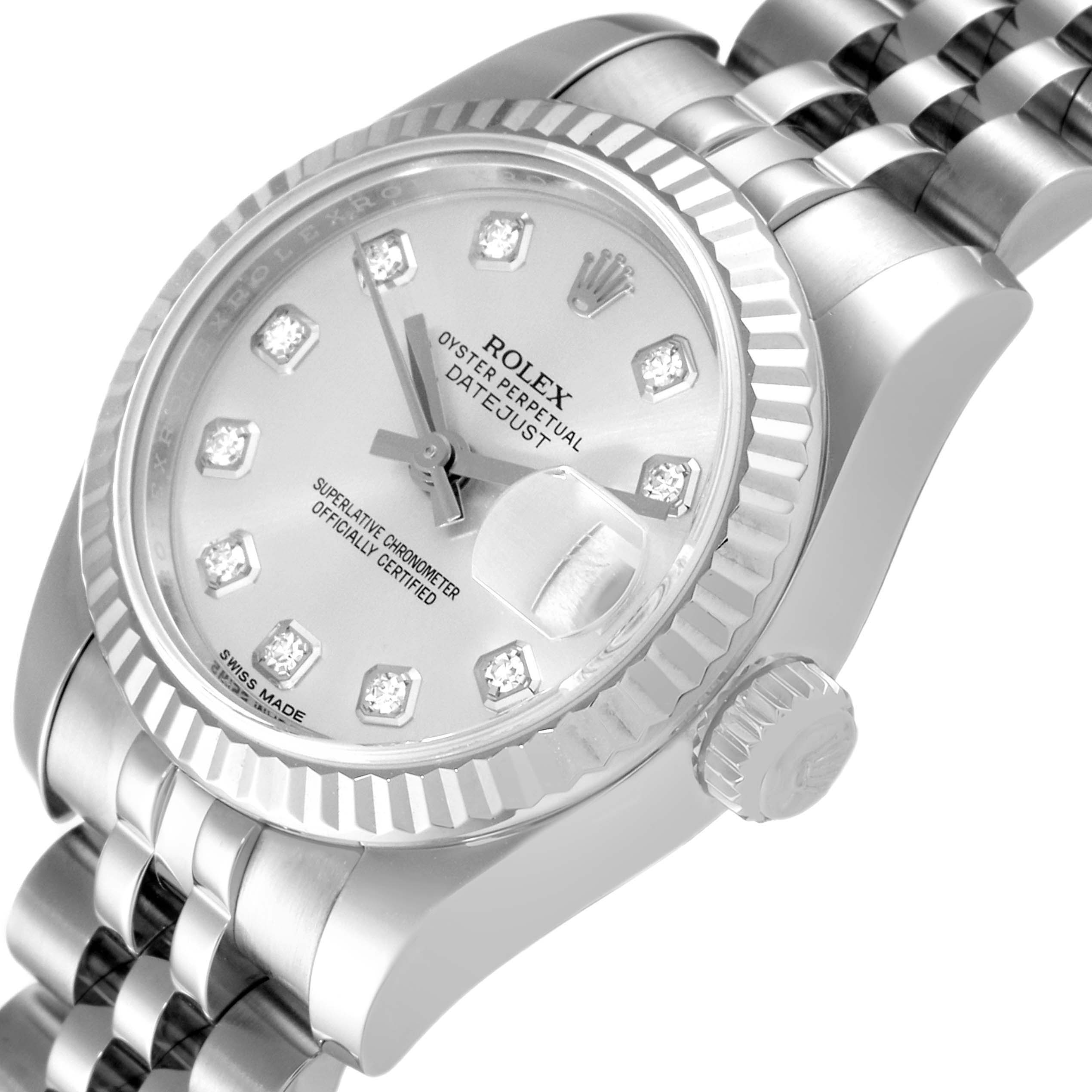 The image shows a close-up of the Rolex Datejust 179174 Women's Stainless Steel Silver Dial 179174 Women's Stainless Steel Silver Dial watch from an angled view, highlighting the dial, bezel, crown, and part of the bracelet.