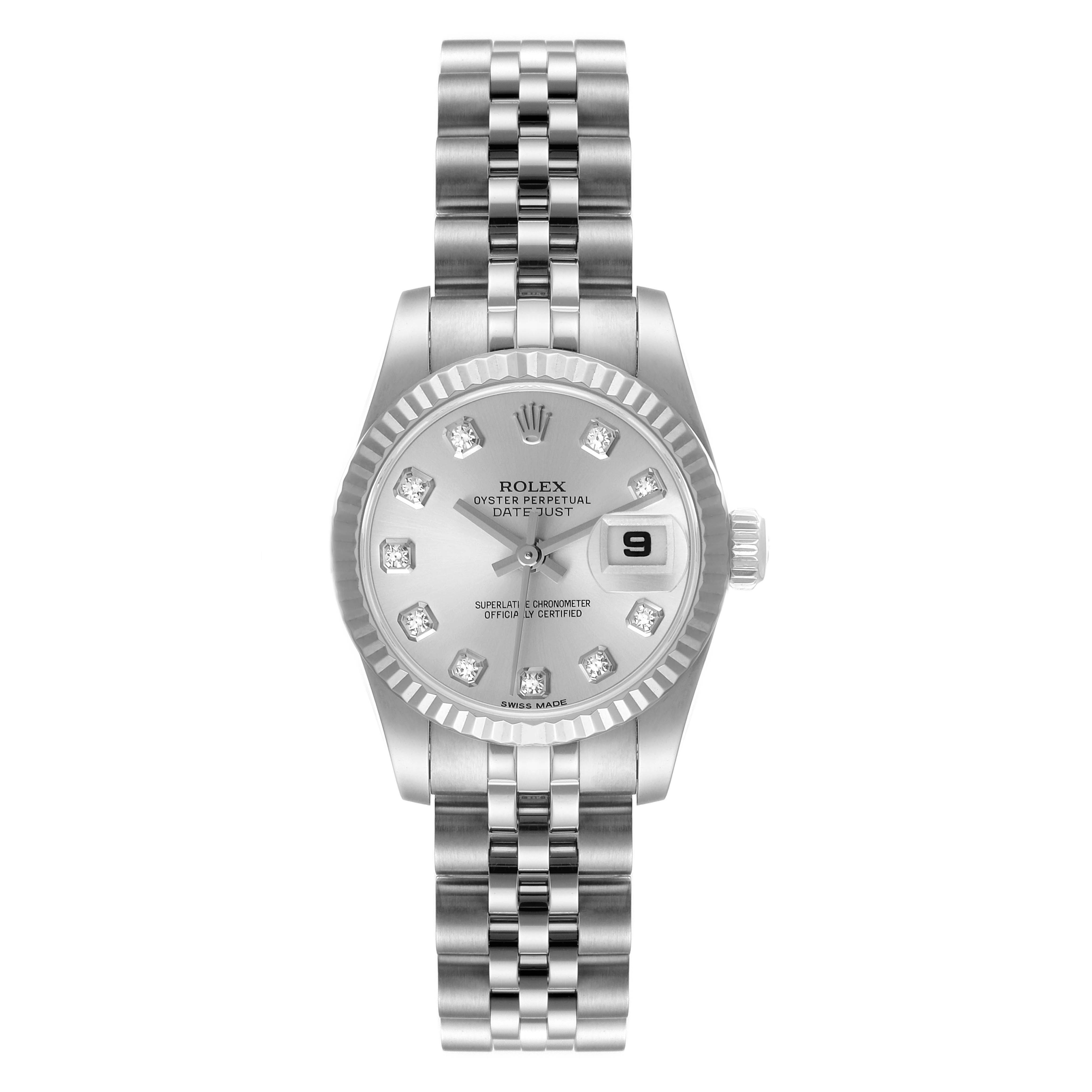 The image shows a frontal view of the Rolex Datejust 179174 Women's Stainless Steel Silver Dial 179174 Women's Stainless Steel Silver Dial watch, displaying its face, bezel, and bracelet.
