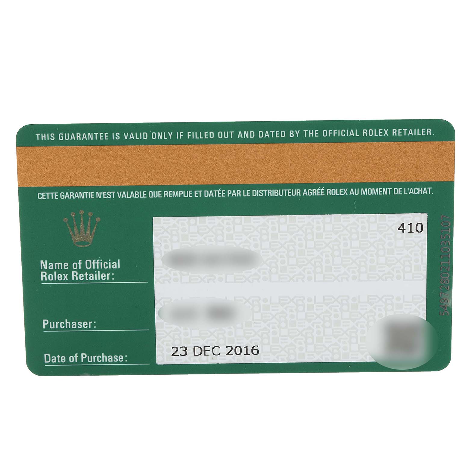 The image shows a warranty card for a Rolex Datejust 179174 Women's Stainless Steel Silver Dial 179174 Women's Stainless Steel Silver Dial watch, facing front.