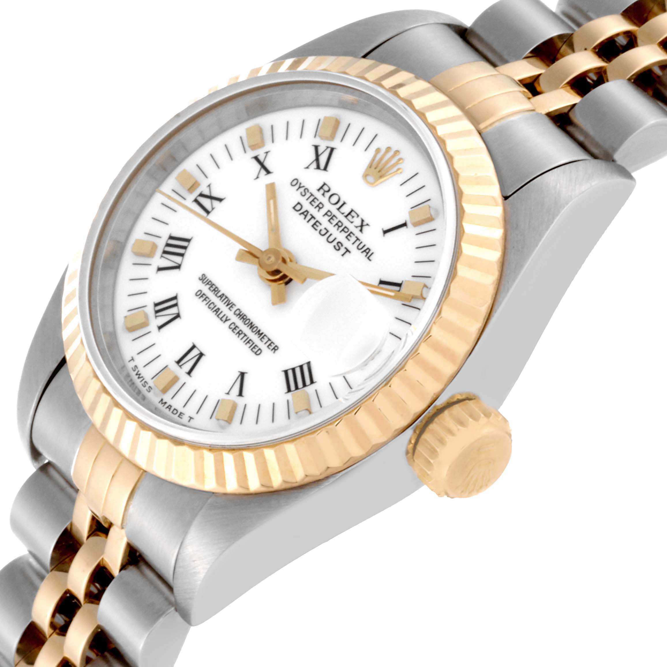 This image shows a Rolex Datejust 69173 Women's Steel and Gold (two tone) White Dial 69173 Women's Steel and Gold (two tone) White Dial watch from a front-side angle, highlighting its face, bezel, crown, and part of the bracelet.