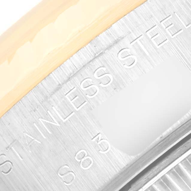 This image shows a close-up of the stainless steel case back of a Rolex Datejust 69173 Women's Steel and Gold (two tone) White Dial 69173 Women's Steel and Gold (two tone) White Dial watch.