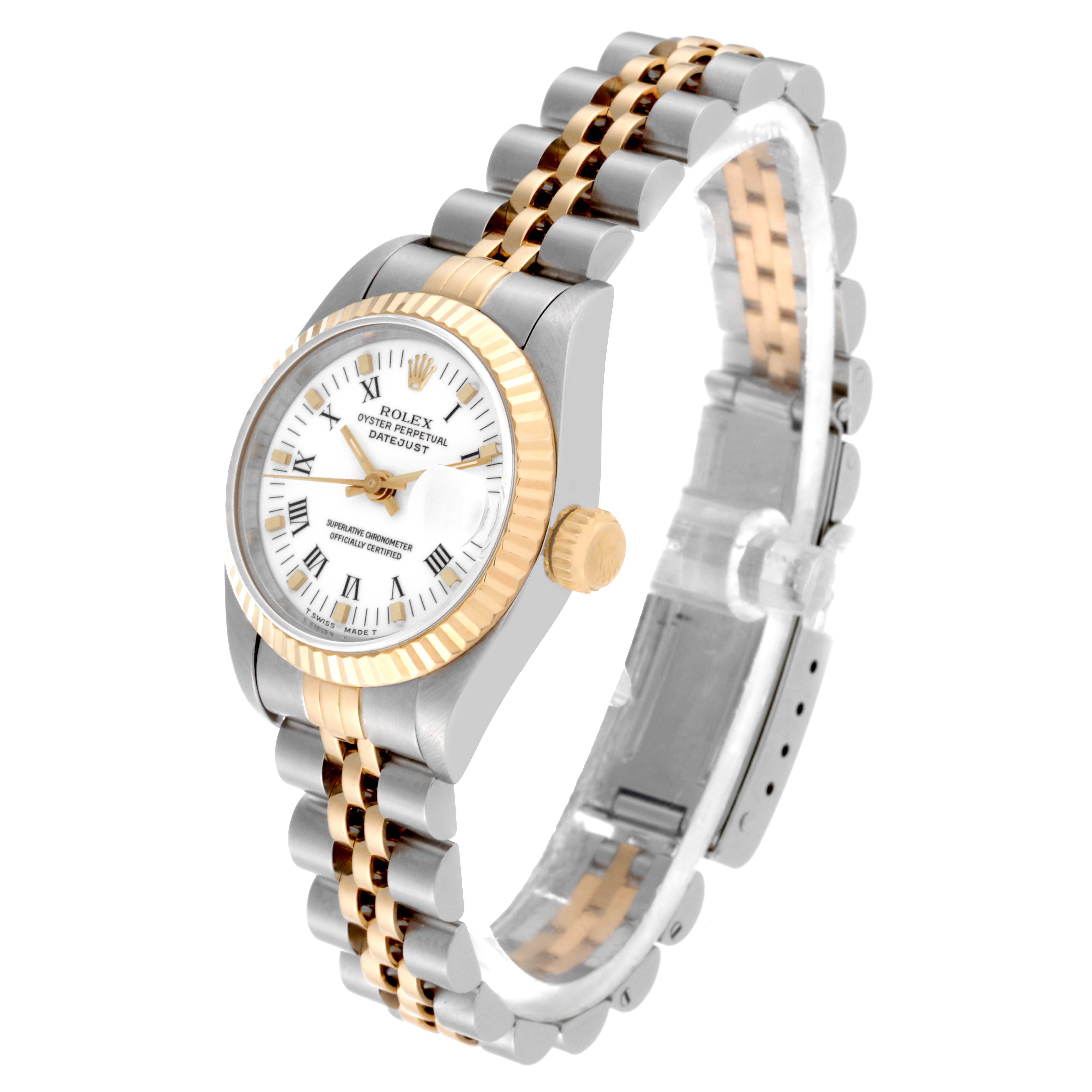 The image shows a Rolex Datejust 69173 Women's Steel and Gold (two tone) White Dial 69173 Women's Steel and Gold (two tone) White Dial watch with a side angle, highlighting the face, bezel, crown, and two-tone jubilee bracelet.