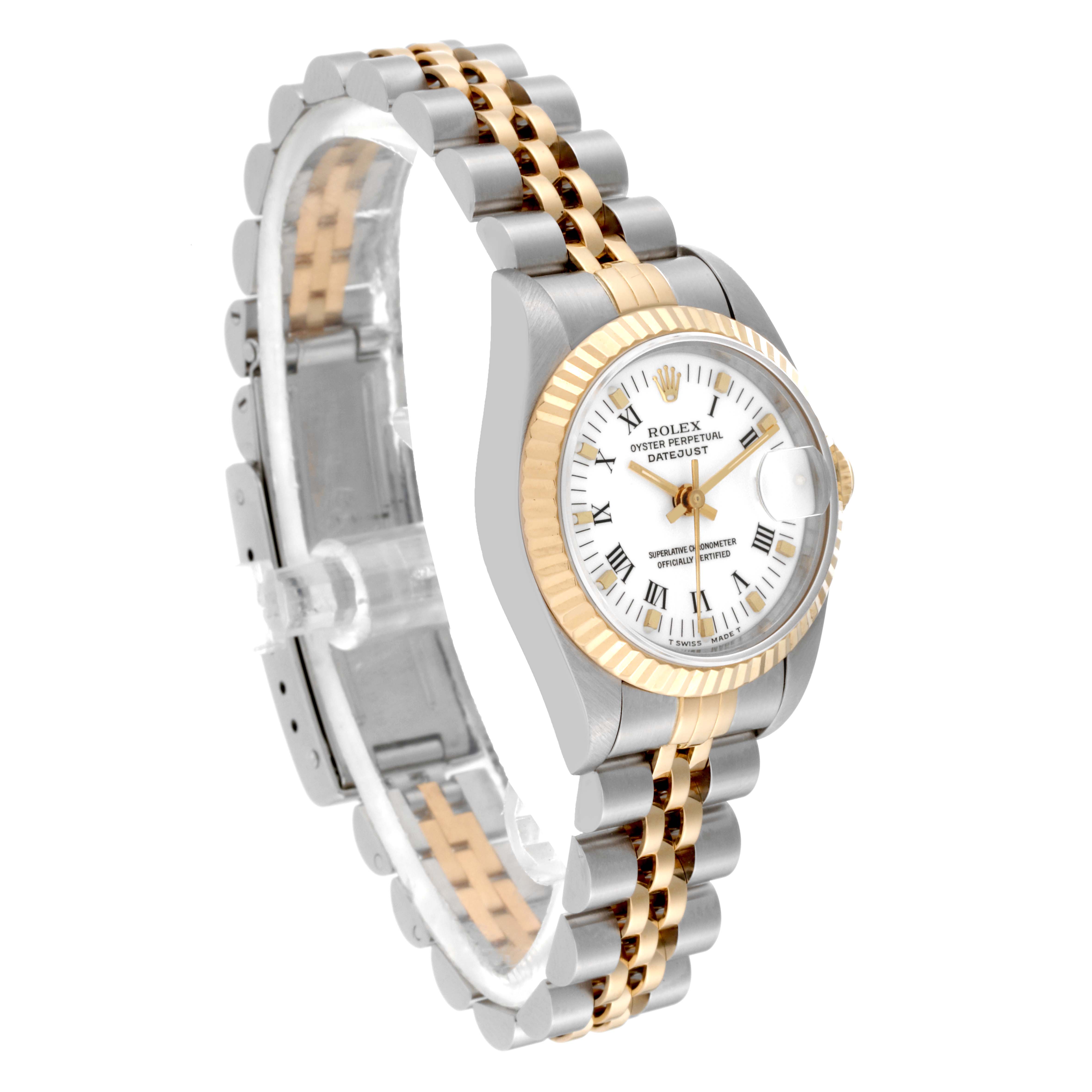 The Rolex Datejust 69173 Women's Steel and Gold (two tone) White Dial 69173 Women's Steel and Gold (two tone) White Dial watch is shown at a three-quarter angle, highlighting its two-tone bracelet, fluted bezel, and white dial with Roman numerals.