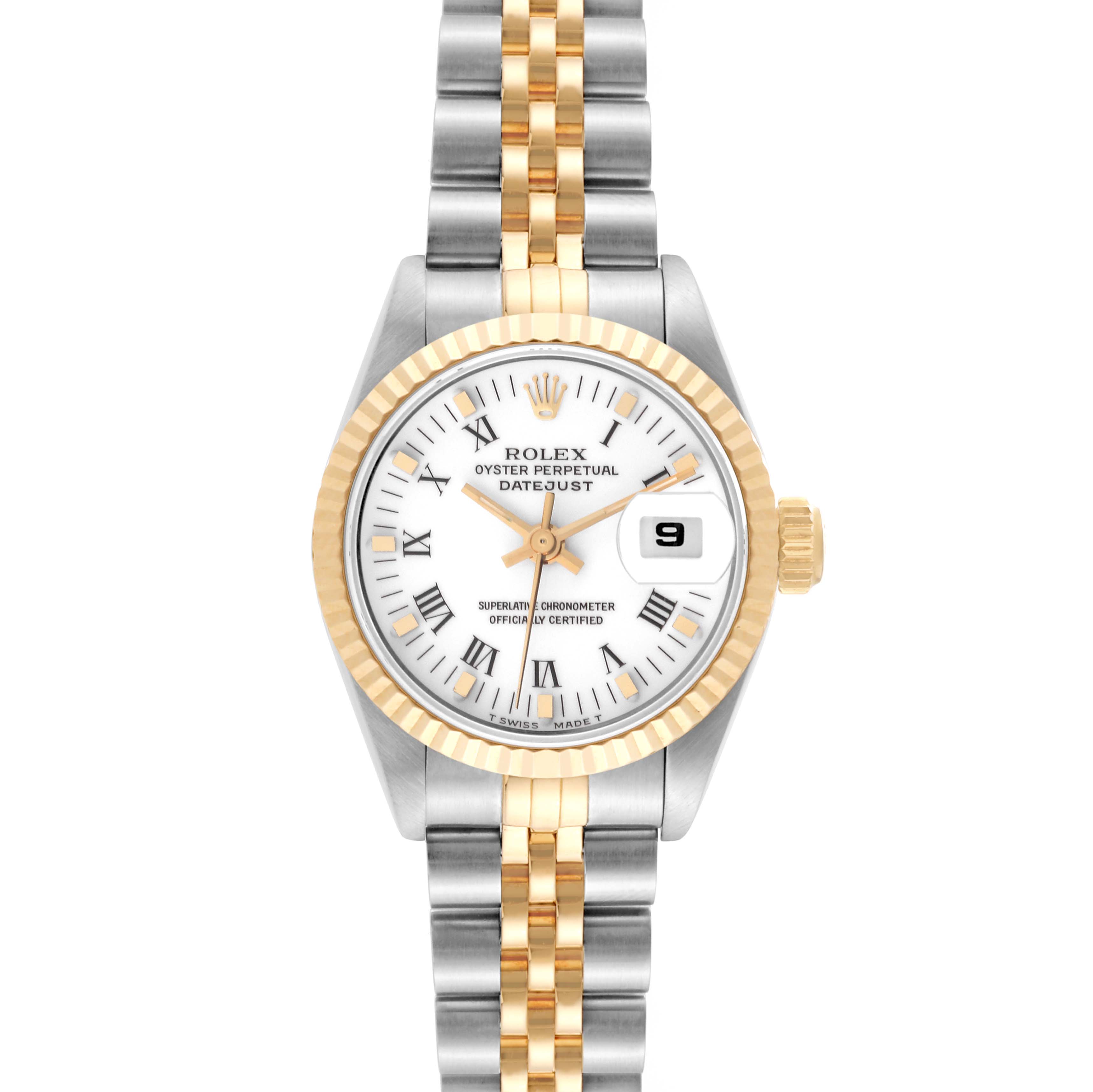This image shows a Rolex Datejust 69173 Women's Steel and Gold (two tone) White Dial 69173 Women's Steel and Gold (two tone) White Dial watch from a top-down angle, highlighting its bezel, dial, bracelet, and date window.