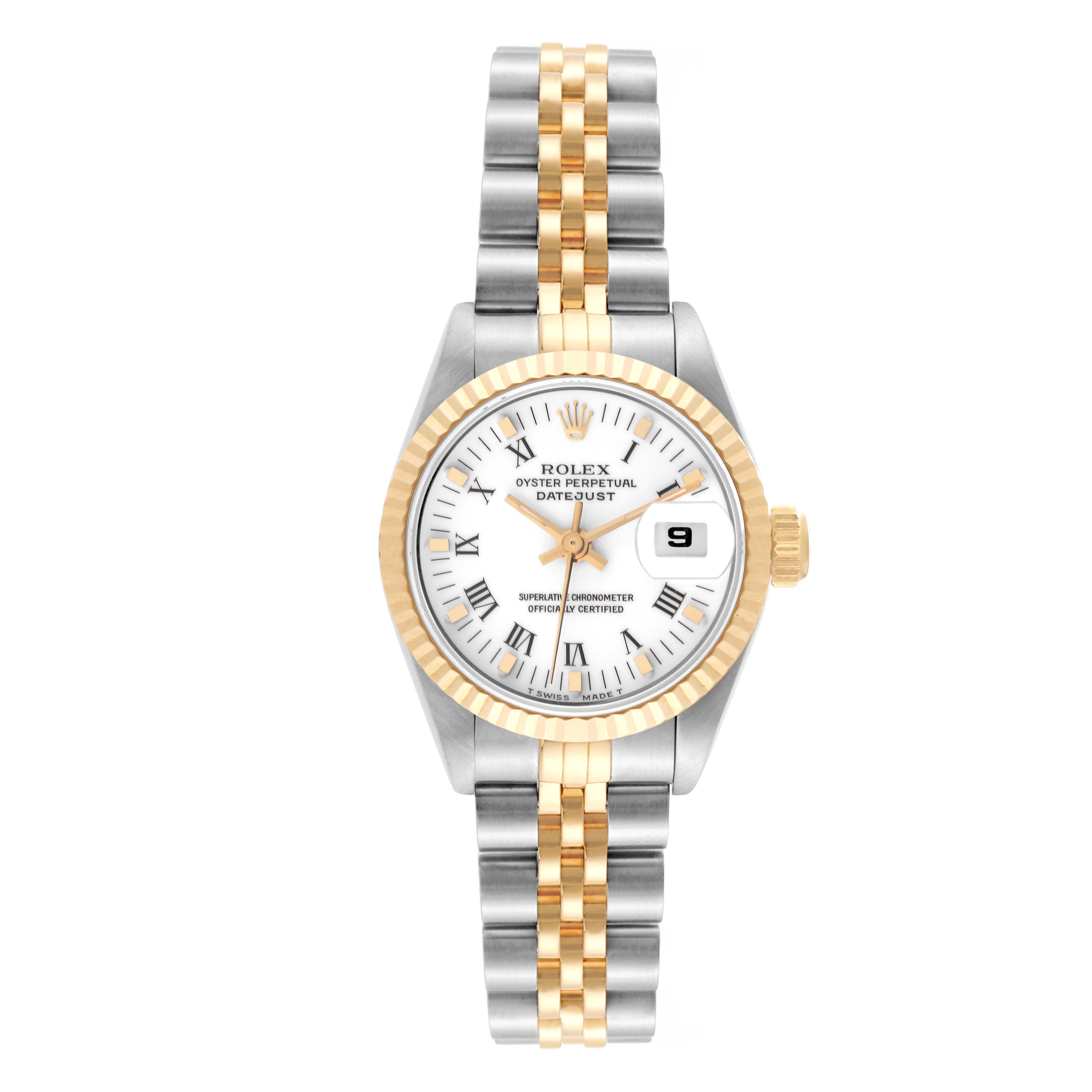 The image shows a front view of a Rolex Datejust 69173 Women's Steel and Gold (two tone) White Dial 69173 Women's Steel and Gold (two tone) White Dial watch, featuring a two-tone bracelet, fluted bezel, and white dial with a date window.