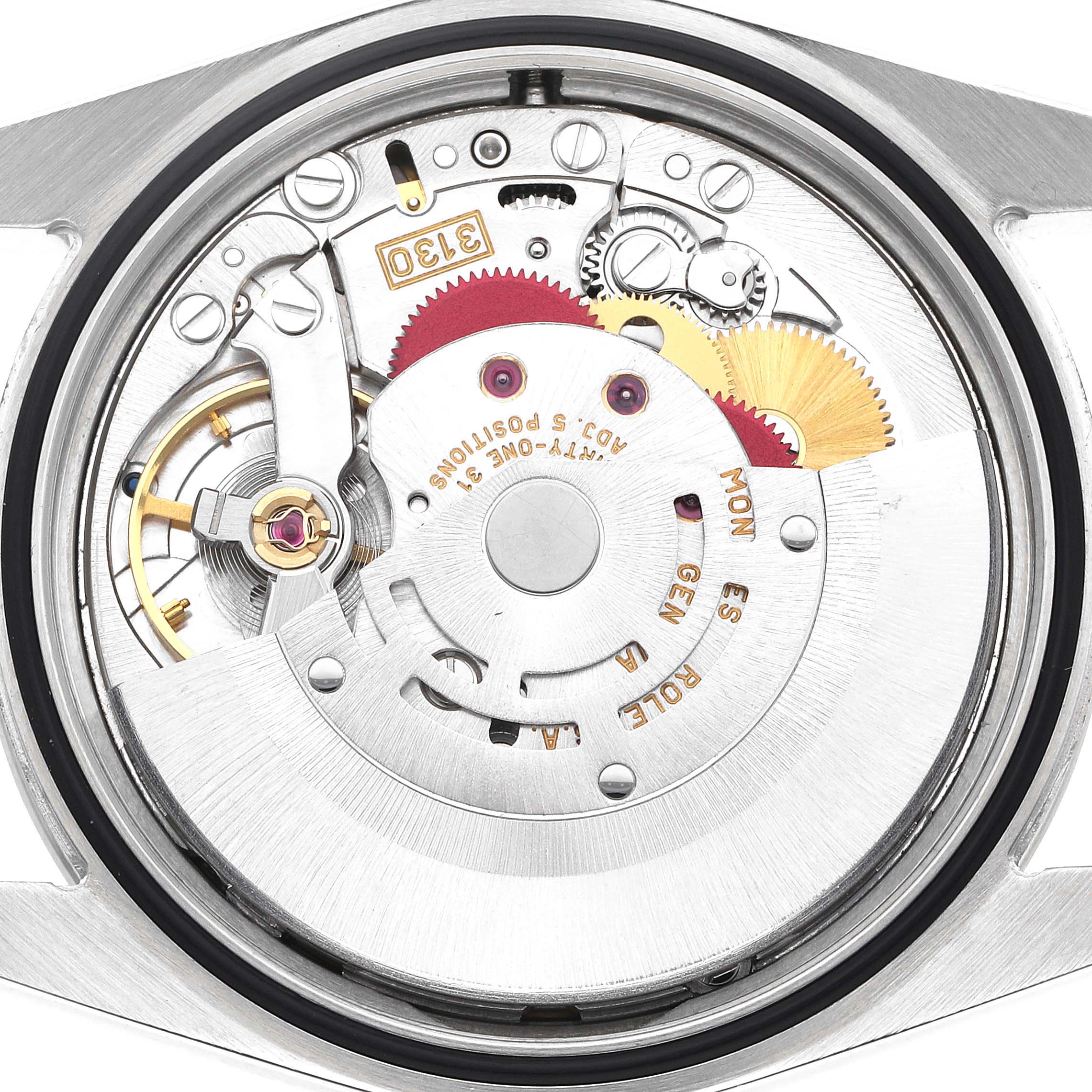 The image shows the back view of a Rolex Explorer 114270 Men
s Stainless Steel Black Dial 114270 Men
s Stainless Steel Black Dial, displaying its intricate movement and internal gears.