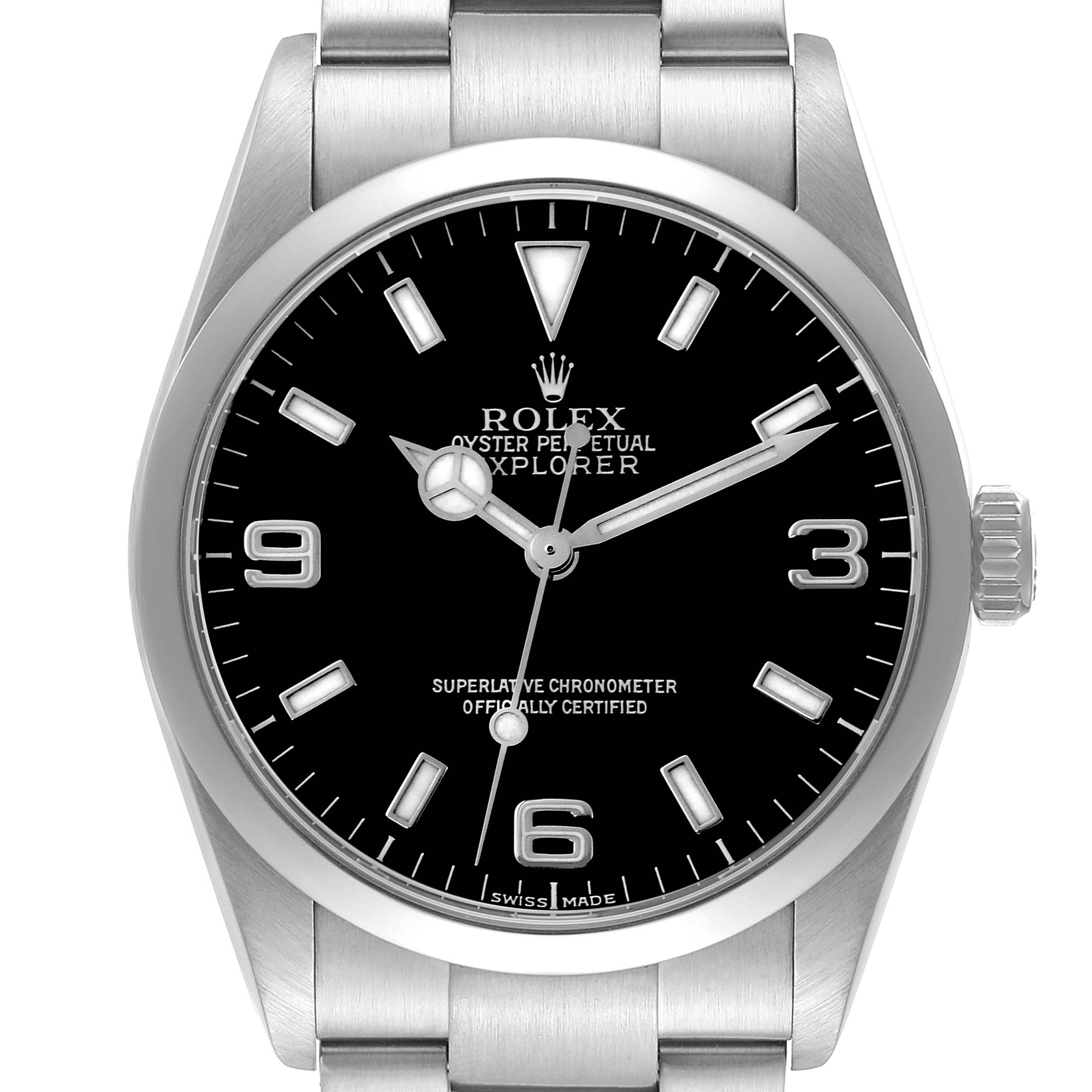 The Rolex Explorer 114270 Men
s Stainless Steel Black Dial 114270 Men
s Stainless Steel Black Dial watch is shown from the front, displaying its dial, bezel, crown, and part of the bracelet.