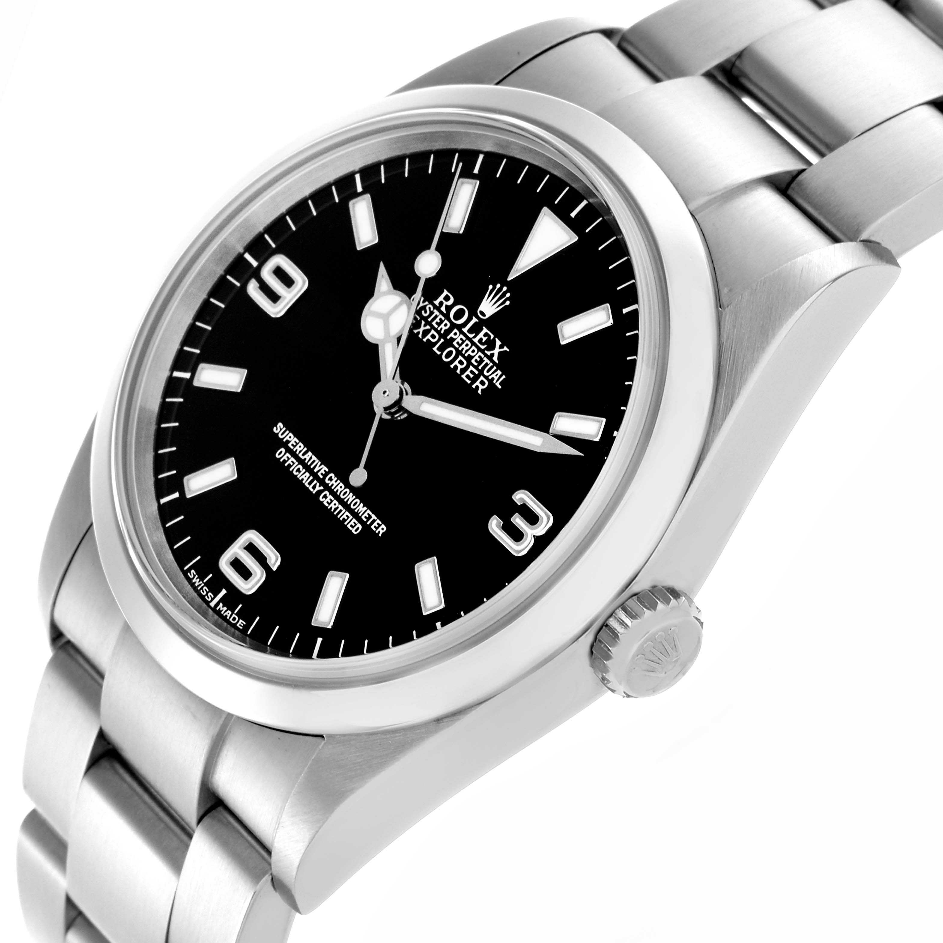 The Rolex Explorer 114270 Men
s Stainless Steel Black Dial 114270 Men
s Stainless Steel Black Dial watch is shown at an angled close-up, highlighting its face, bezel, crown, and part of the bracelet.