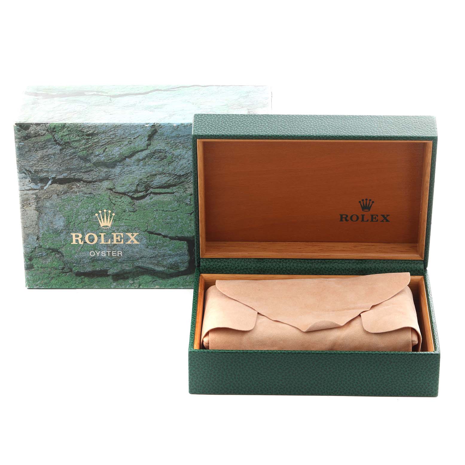 This image shows the Rolex Explorer 114270 Men
s Stainless Steel Black Dial 114270 Men
s Stainless Steel Black Dial watch packaging, including an open green box with a brown leather pouch inside.
