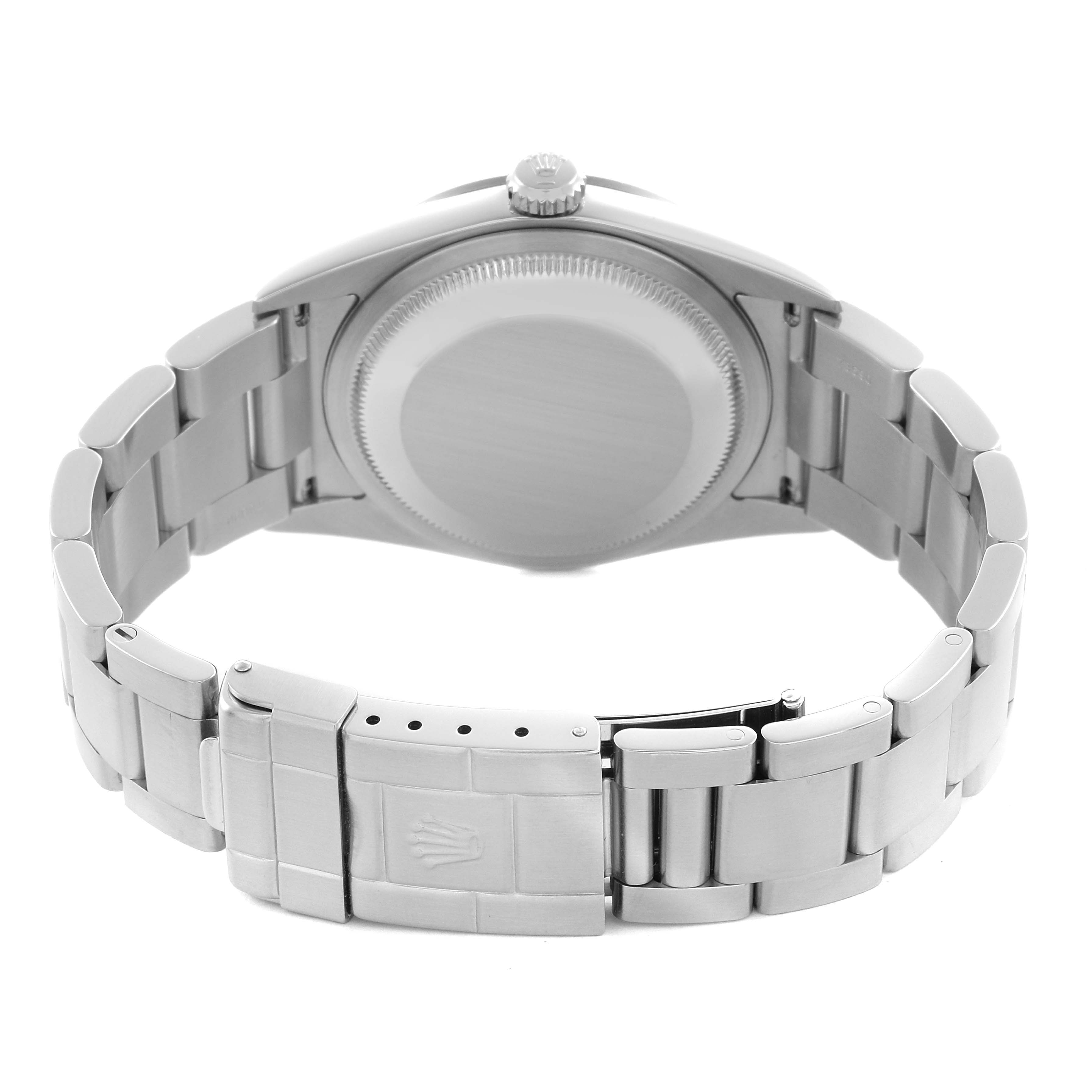 The image shows the back case and bracelet clasp of a Rolex Explorer 114270 Men
s Stainless Steel Black Dial 114270 Men
s Stainless Steel Black Dial watch from a rear angle.