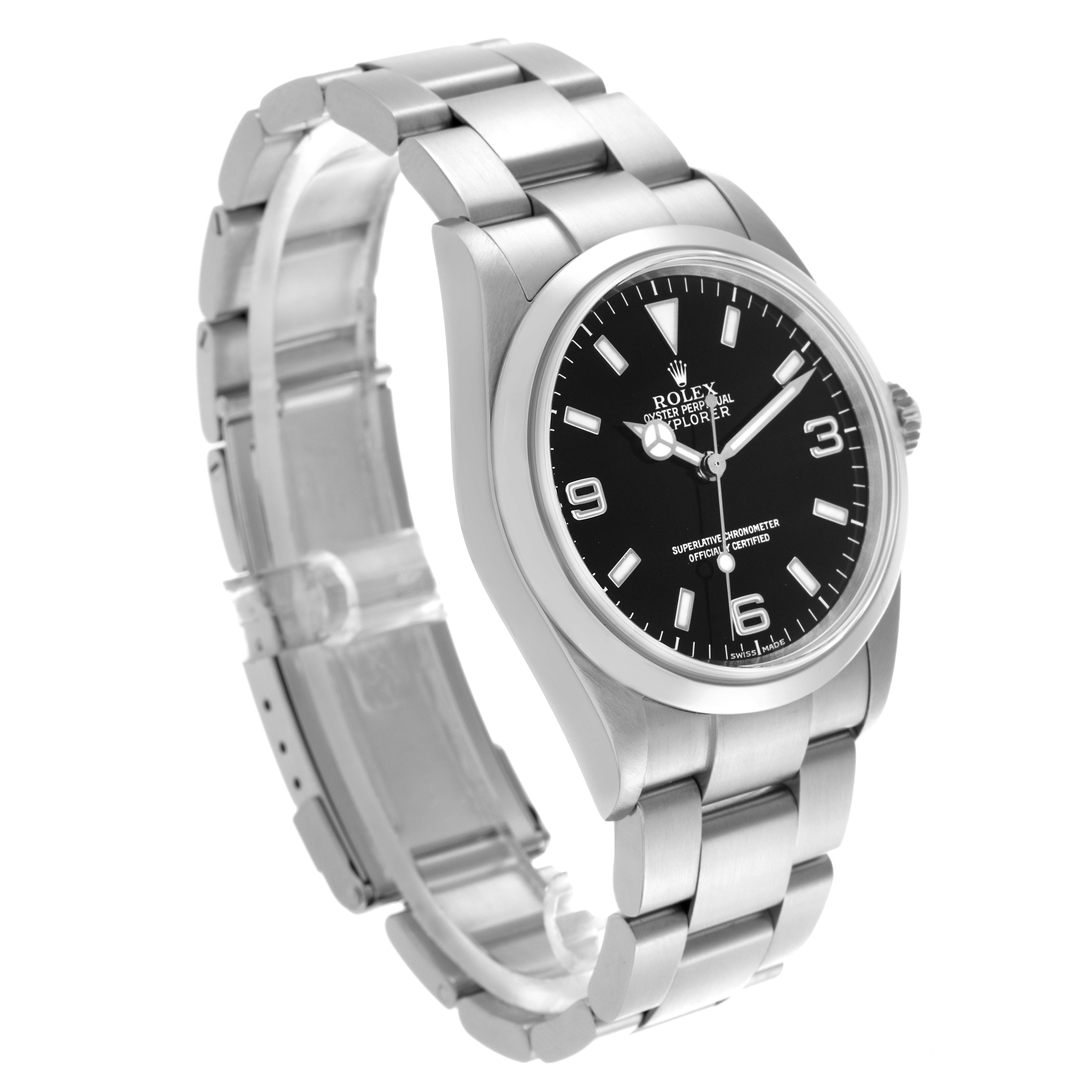 The Rolex Explorer 114270 Men
s Stainless Steel Black Dial 114270 Men
s Stainless Steel Black Dial watch is shown at a three-quarter angle, highlighting the dial, bezel, case, and bracelet.