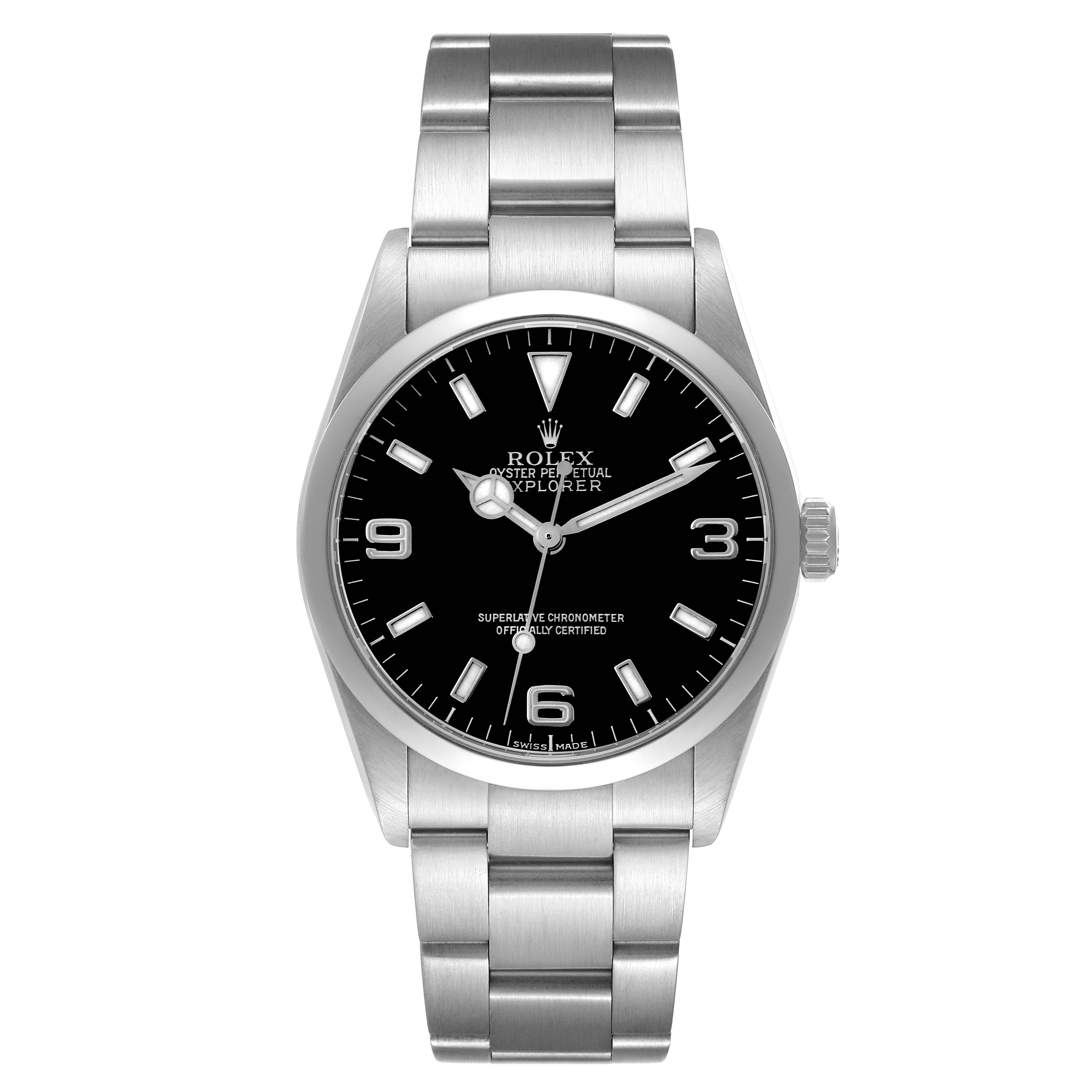The Rolex Explorer 114270 Men
s Stainless Steel Black Dial 114270 Men
s Stainless Steel Black Dial watch is shown head-on, displaying its face, bezel, crown, and stainless steel bracelet.