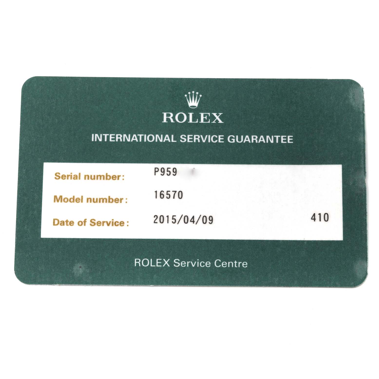 The image shows the International Service Guarantee card for a Rolex Explorer 16570 Men
s Stainless Steel White Dial 16570 Men
s Stainless Steel White Dial model 16570.