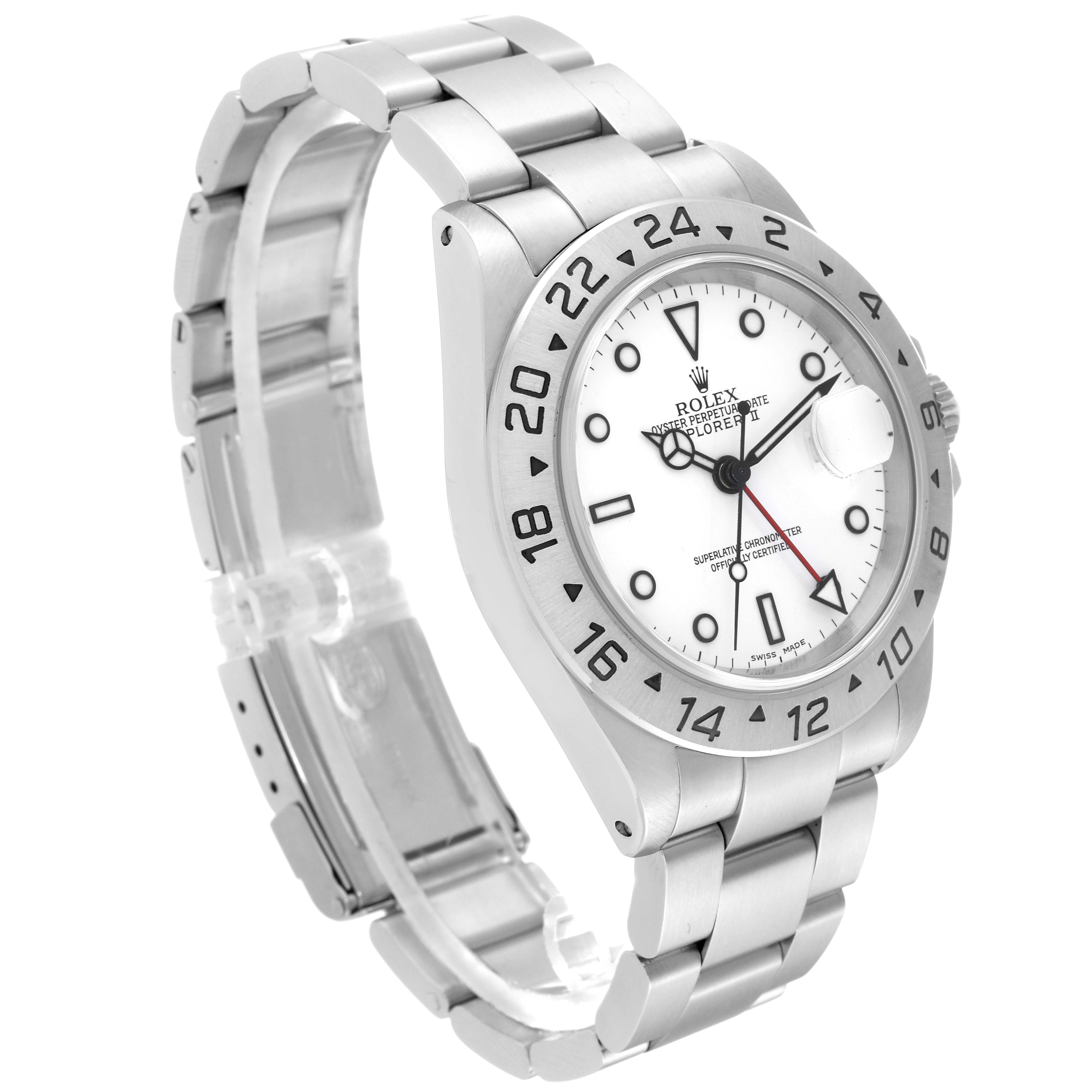 This image shows the Rolex Explorer 16570 Men
s Stainless Steel White Dial 16570 Men
s Stainless Steel White Dial watch at a three-quarter angle, highlighting its face, bezel, and bracelet.