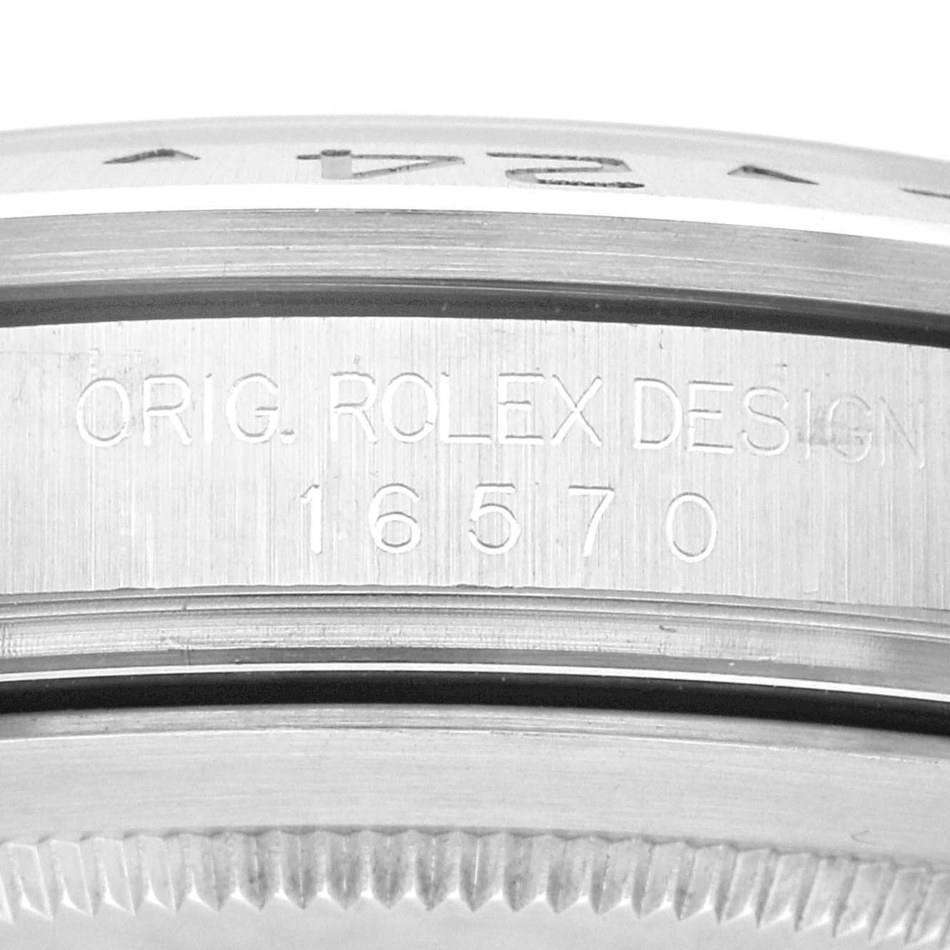 This image shows an engraved side view of the bezel and case of the Rolex Explorer 16570 Men
s Stainless Steel White Dial 16570 Men
s Stainless Steel White Dial model 16570.