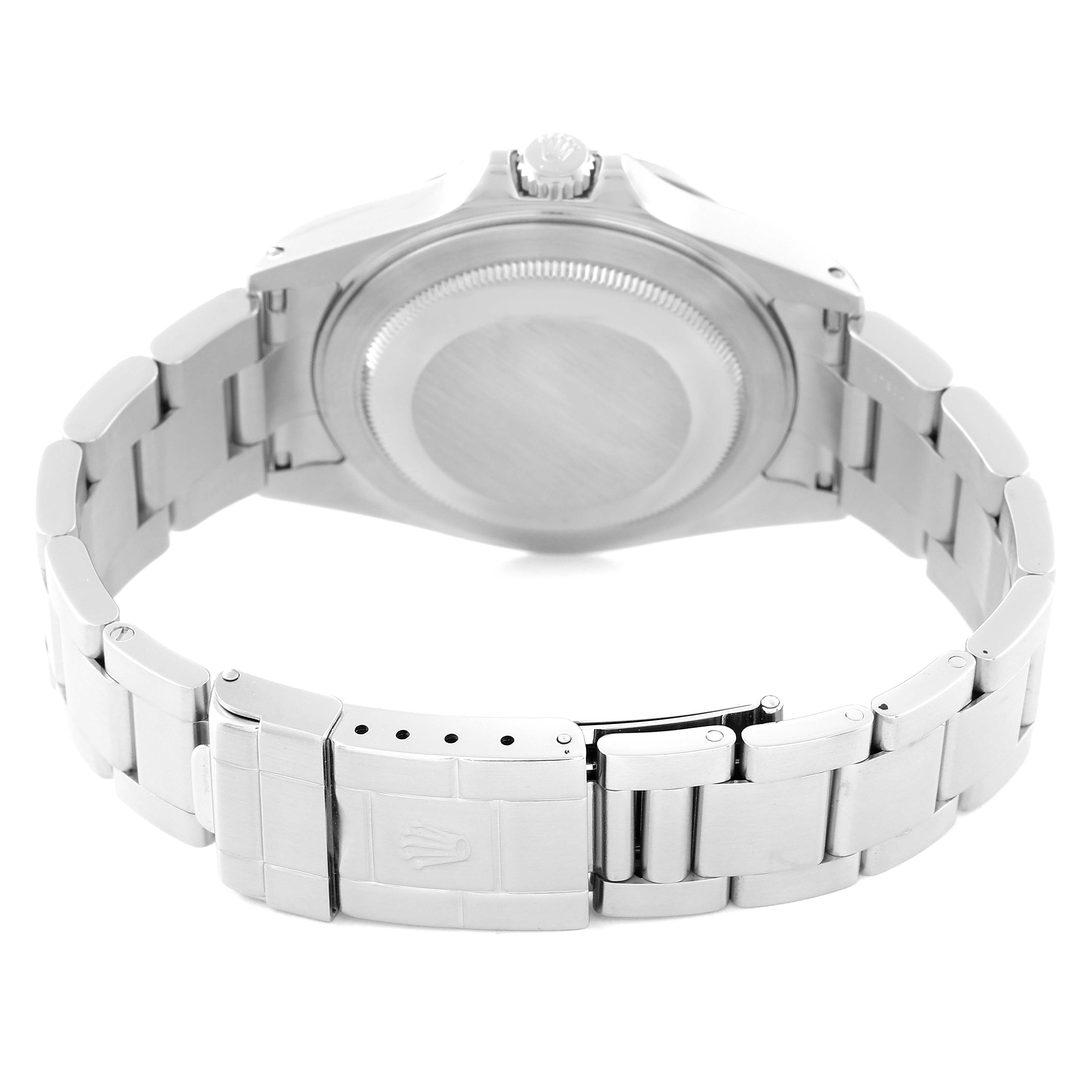 The image shows the back view of a Rolex Explorer 16570 Men
s Stainless Steel White Dial 16570 Men
s Stainless Steel White Dial model watch, focusing on its clasp, case back, and bracelet.