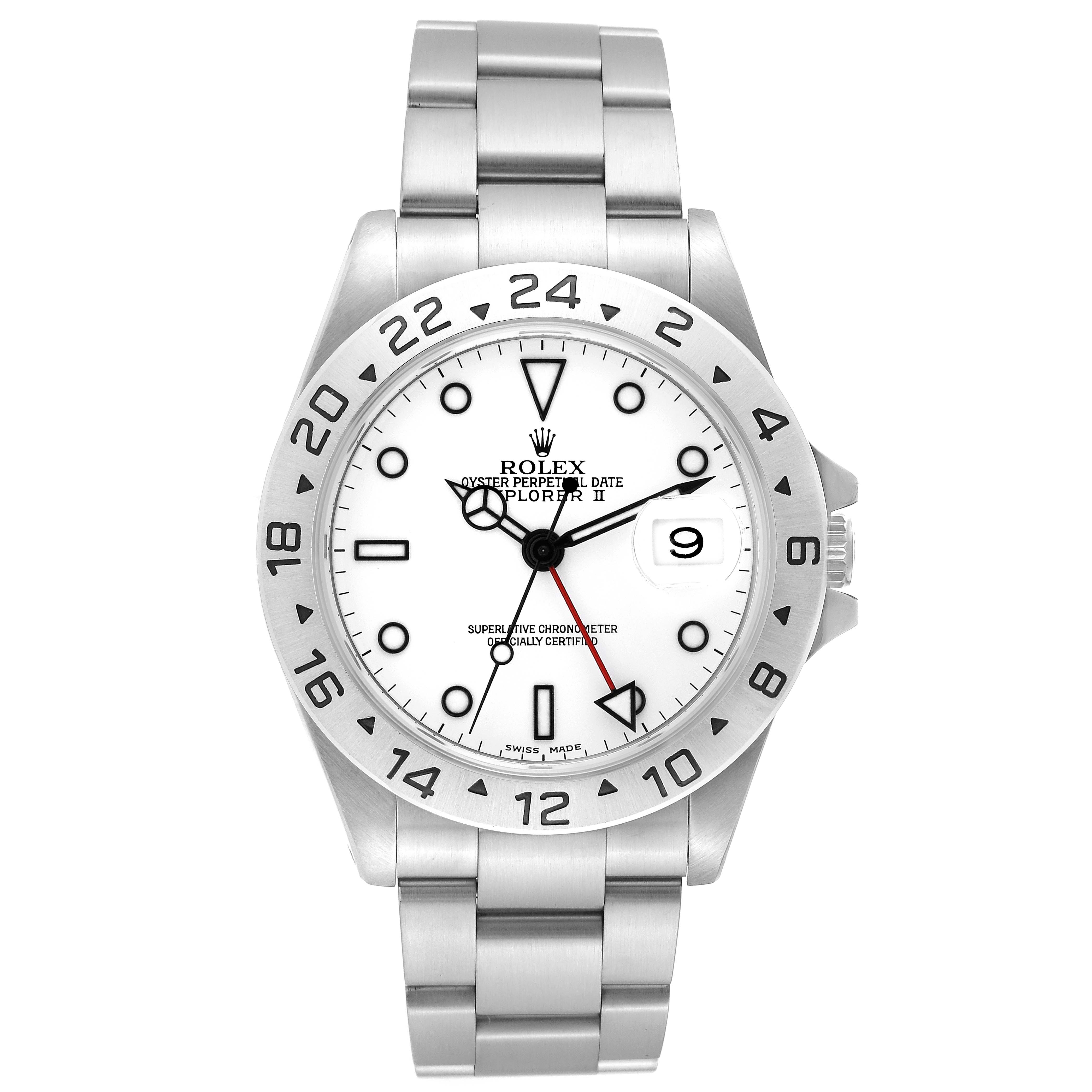 The image shows a front view of the Rolex Explorer 16570 Men
s Stainless Steel White Dial 16570 Men
s Stainless Steel White Dial model watch, highlighting the dial, bezel, hands, and stainless steel bracelet.