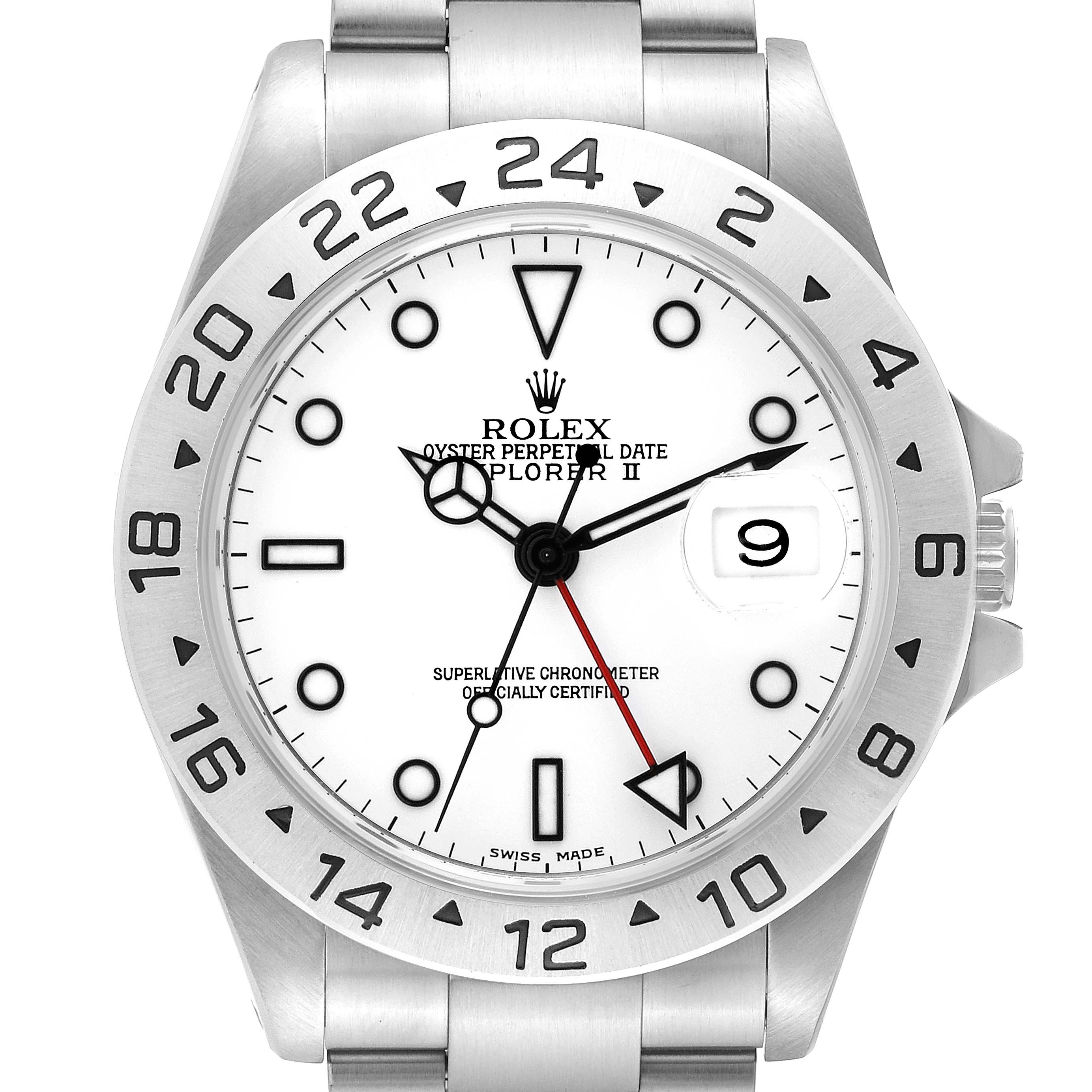 This is a frontal view of a Rolex Explorer 16570 Men
s Stainless Steel White Dial 16570 Men
s Stainless Steel White Dial watch showing its dial, bezel, hour markers, hands, and date magnifier.