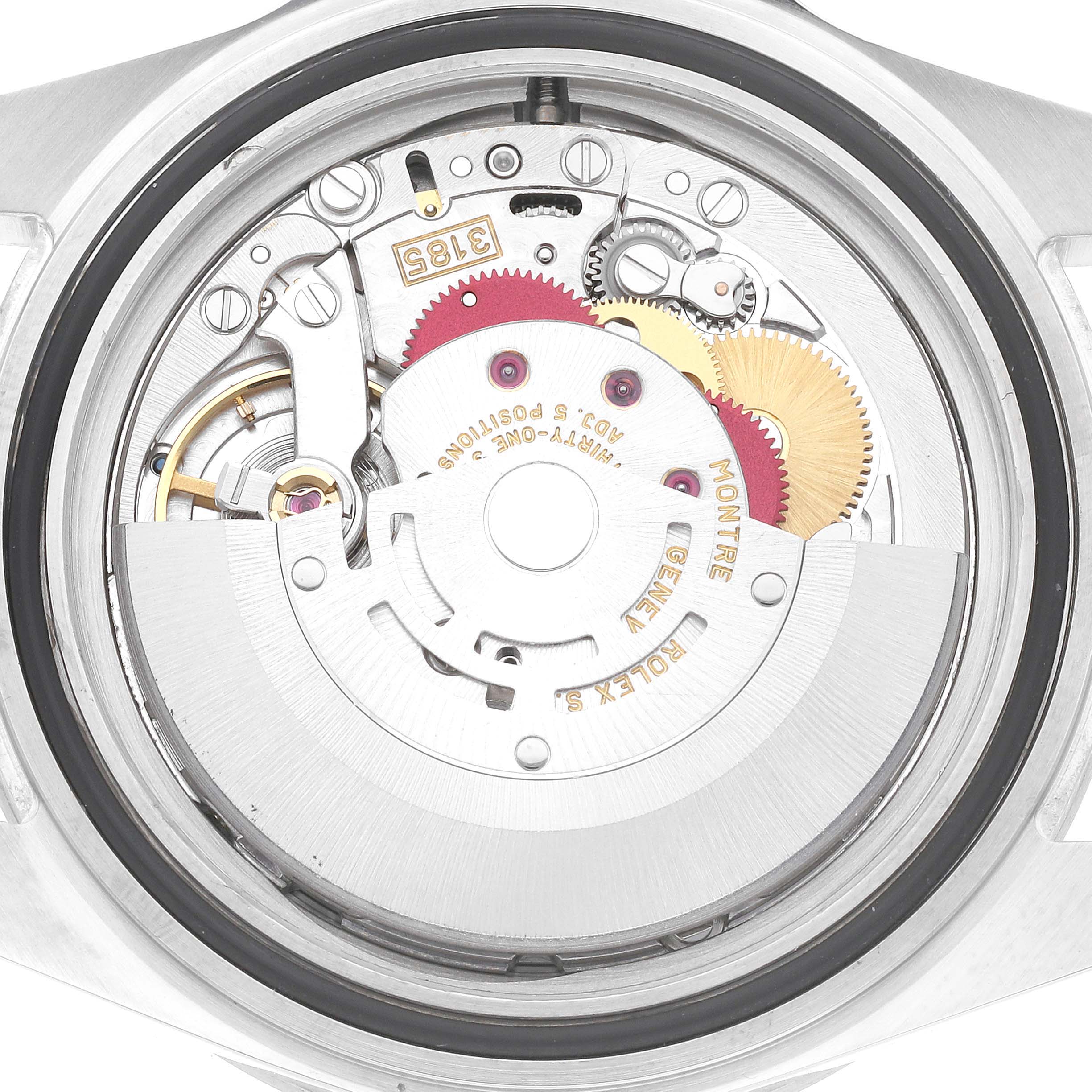 The image shows a close-up of the movement mechanism inside a Rolex Explorer 16570 Men
s Stainless Steel White Dial 16570 Men
s Stainless Steel White Dial watch.