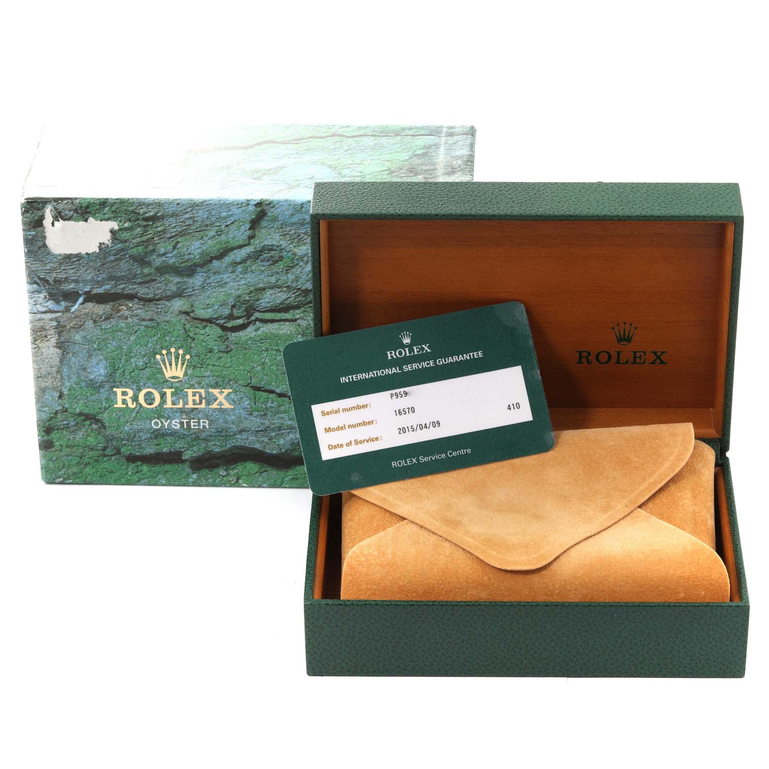 The image shows the box, case, and guarantee card for a Rolex Explorer 16570 Men
s Stainless Steel White Dial 16570 Men
s Stainless Steel White Dial watch from a slightly angled view.