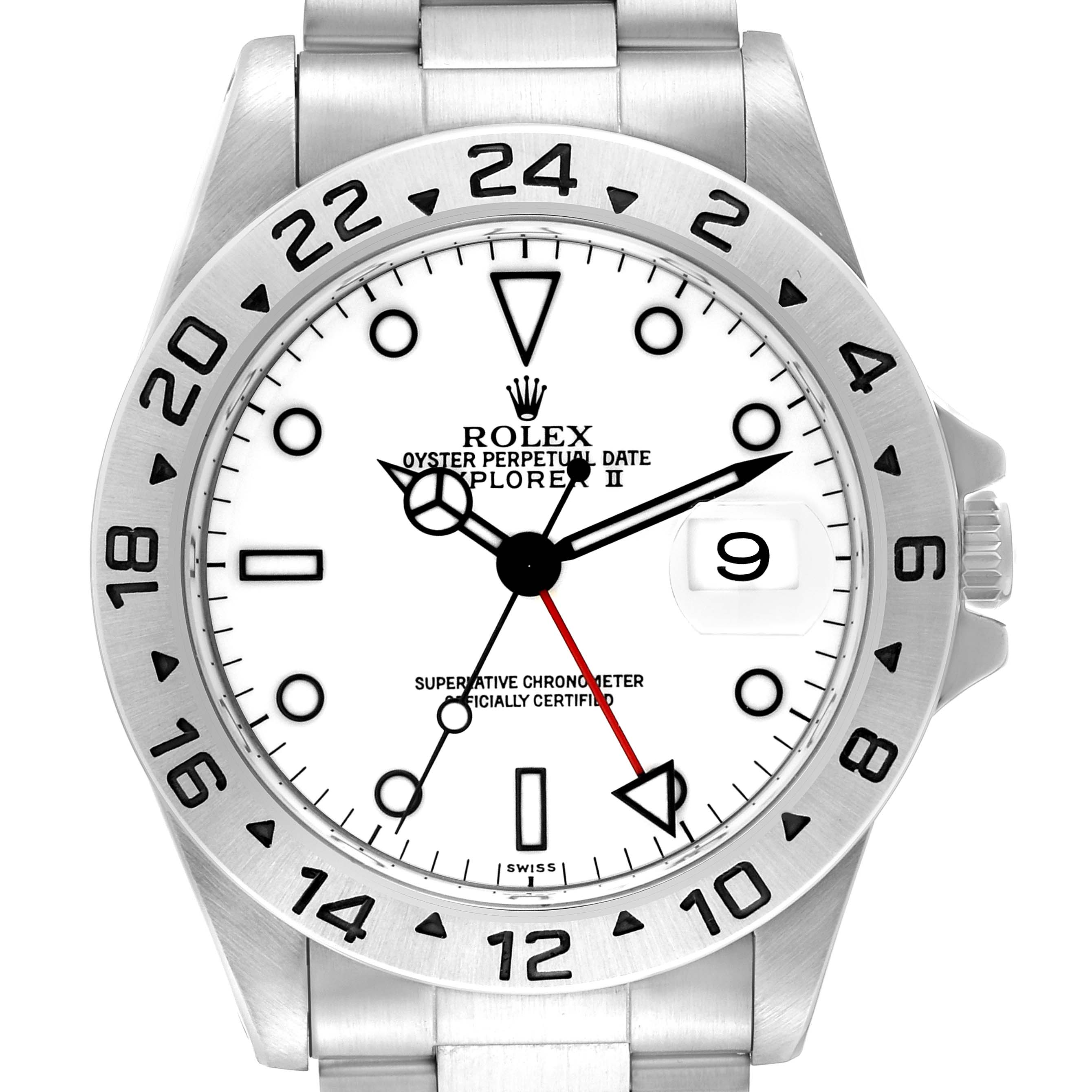 The Rolex Explorer 16570 Men
s Stainless Steel White Dial 16570 Men
s Stainless Steel White Dial watch is shown from a top-down angle, displaying the face, bezel, and part of the bracelet.