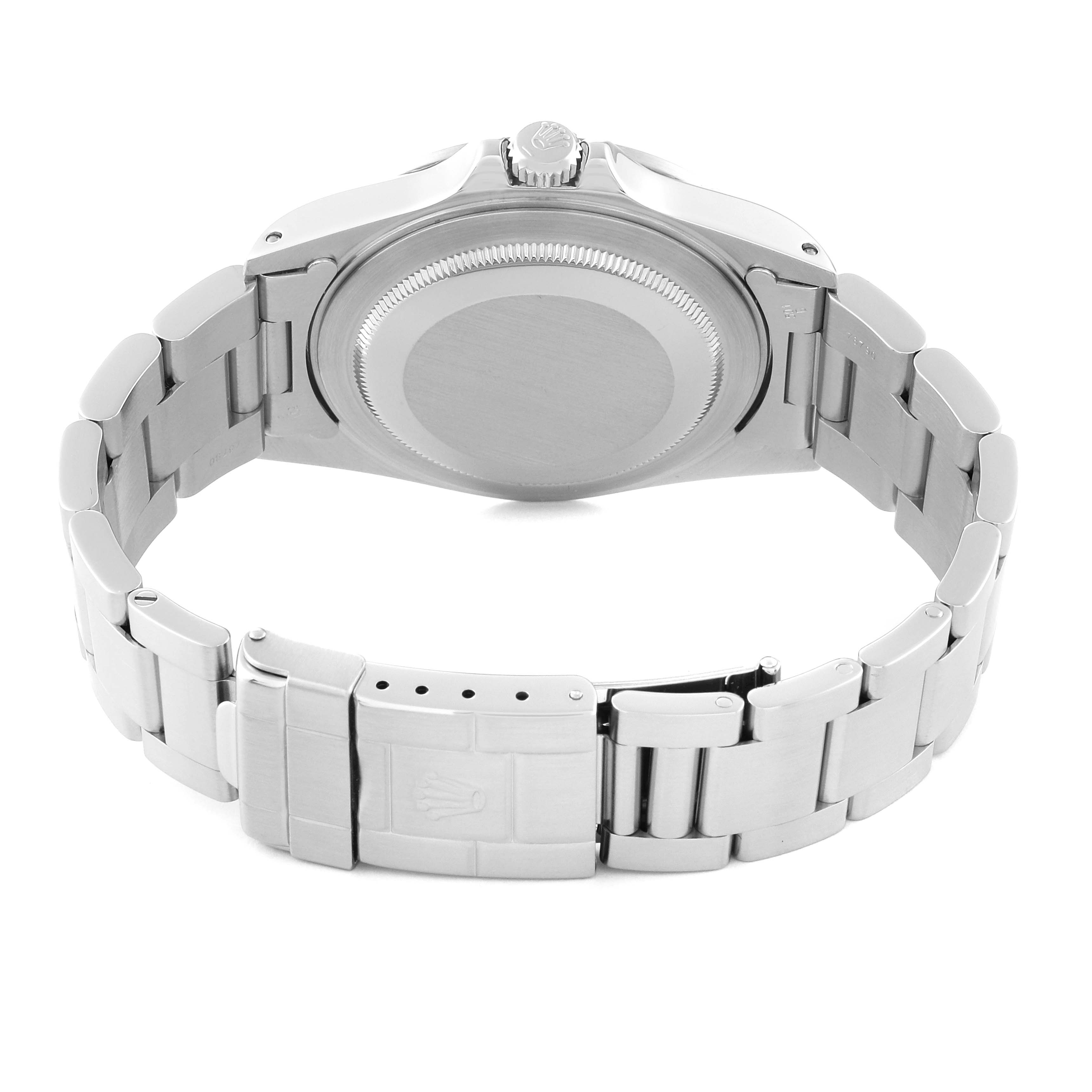 This image shows the back case and the bracelet clasp of the Rolex Explorer 16570 Men
s Stainless Steel White Dial 16570 Men
s Stainless Steel White Dial watch.