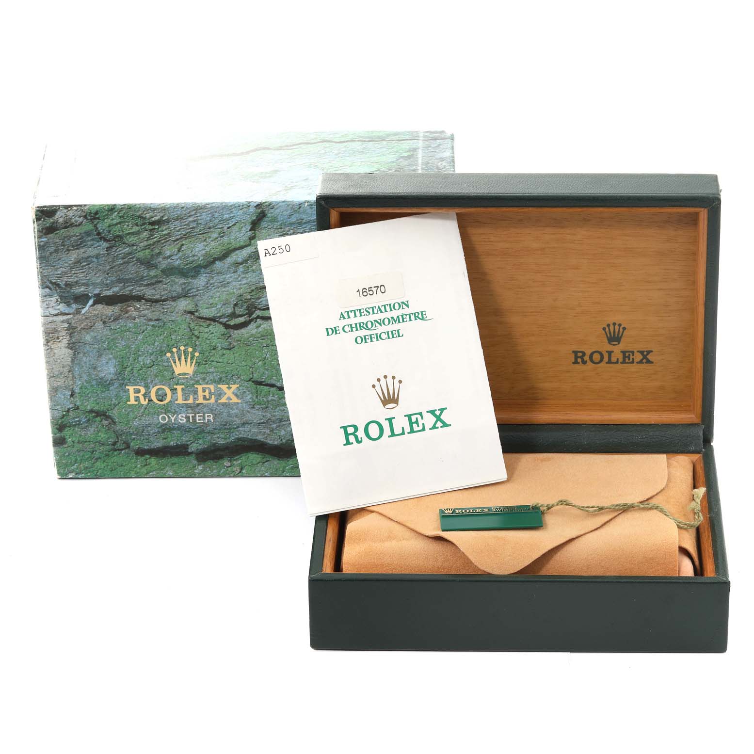 The image shows the box, outer case, and documentation for the Rolex Explorer 16570 Men
s Stainless Steel White Dial 16570 Men
s Stainless Steel White Dial model.