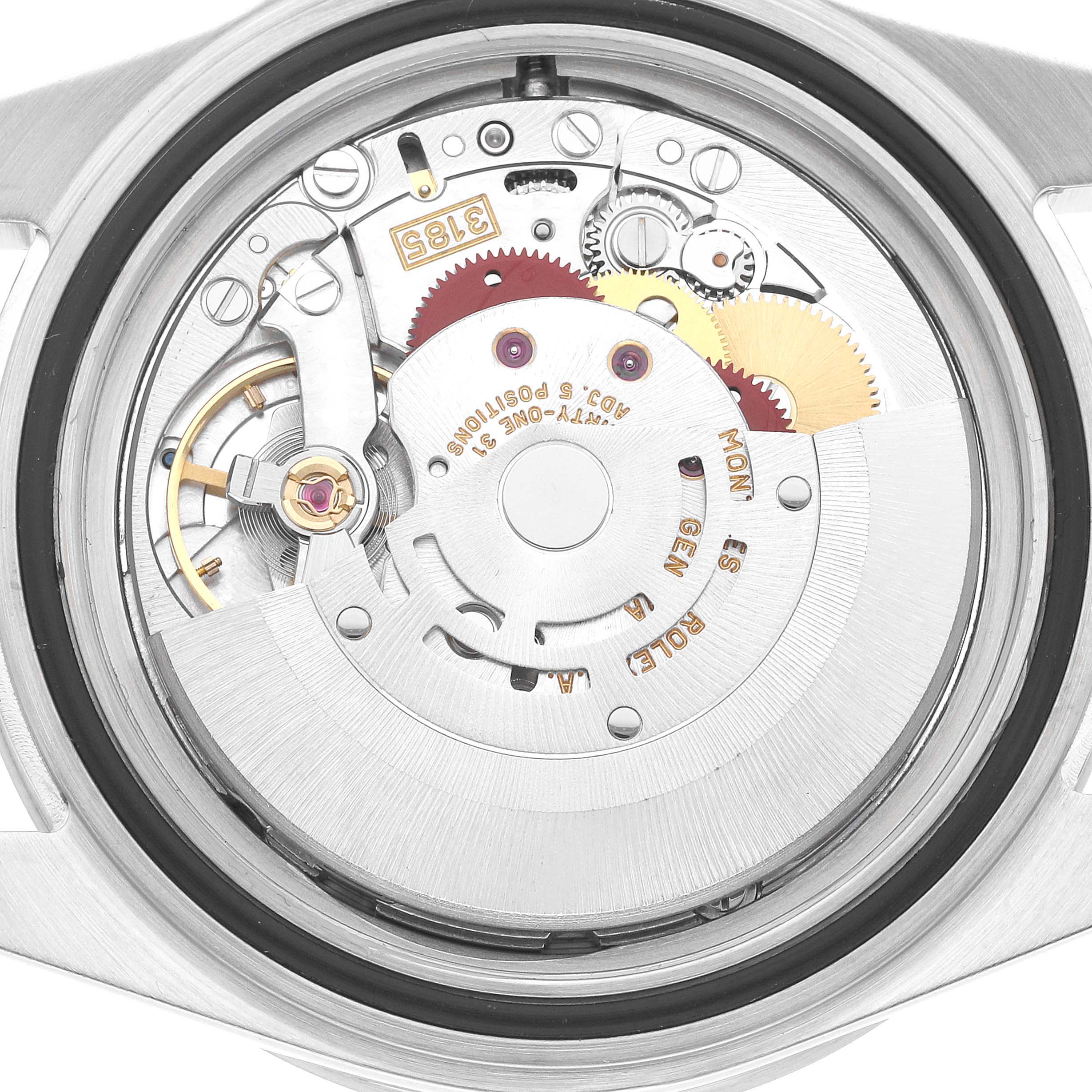 The image shows a close-up view of the internal mechanism of a Rolex Explorer 16570 Men
s Stainless Steel White Dial 16570 Men
s Stainless Steel White Dial watch, specifically the movement and gears.