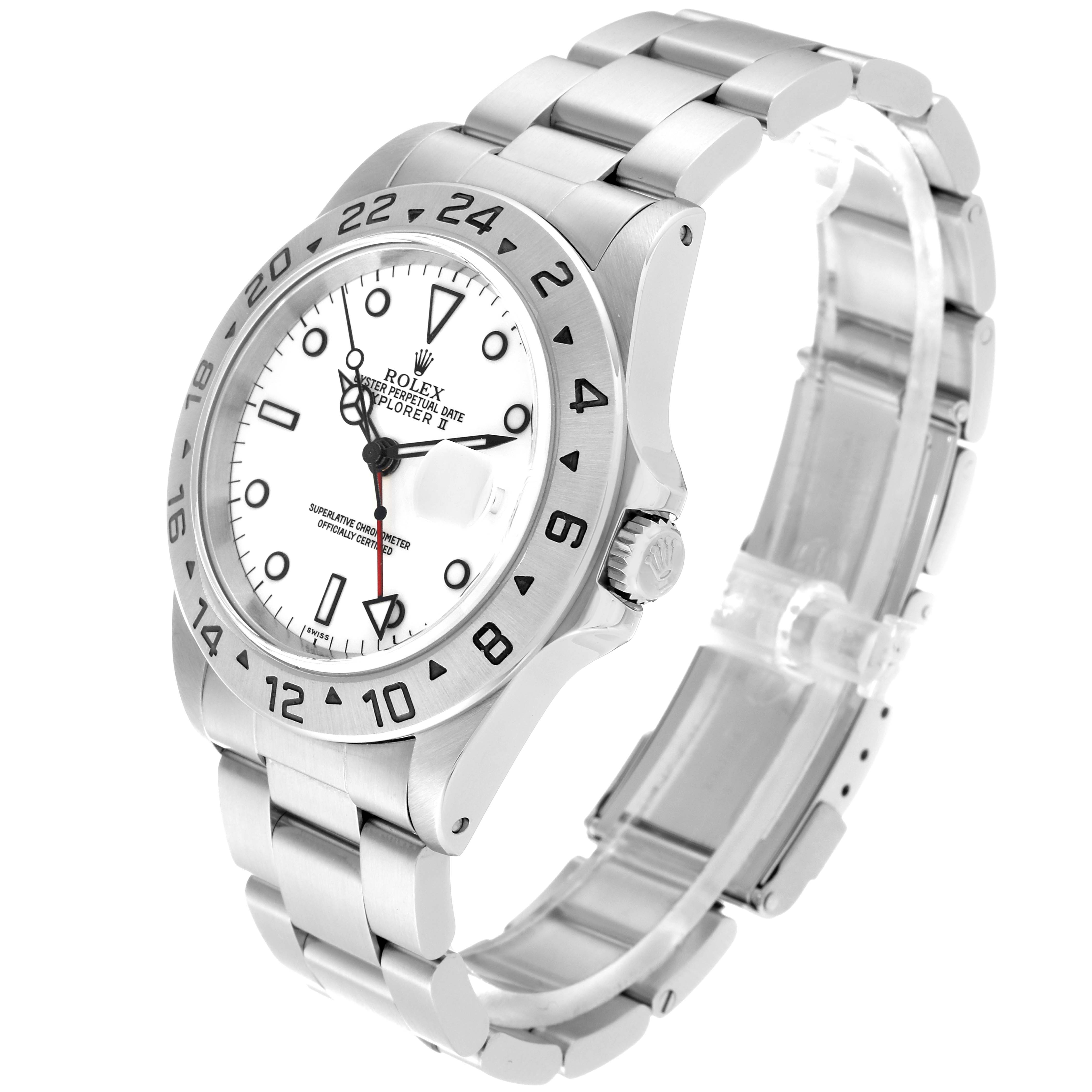 The Rolex Explorer 16570 Men
s Stainless Steel White Dial 16570 Men
s Stainless Steel White Dial model watch is shown at a three-quarter angle, displaying the dial, bezel, crown, and bracelet.